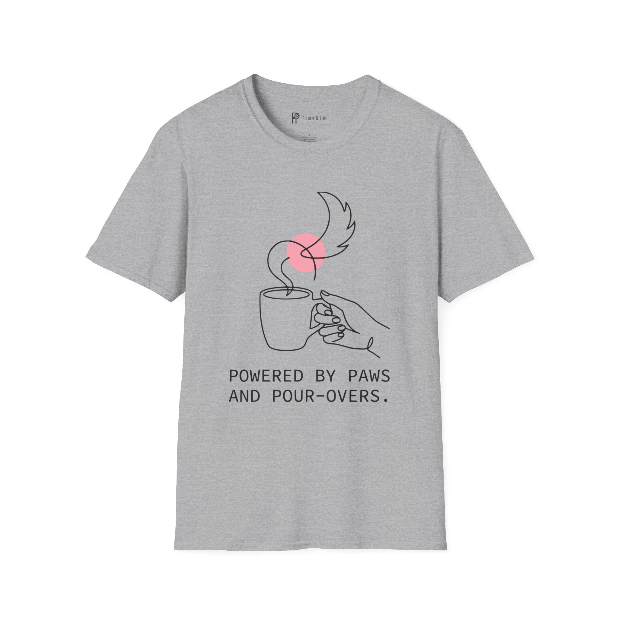 Powered by Paws T-Shirt — Minimalist Pet Lover & Coffee Pour-Over Graphic