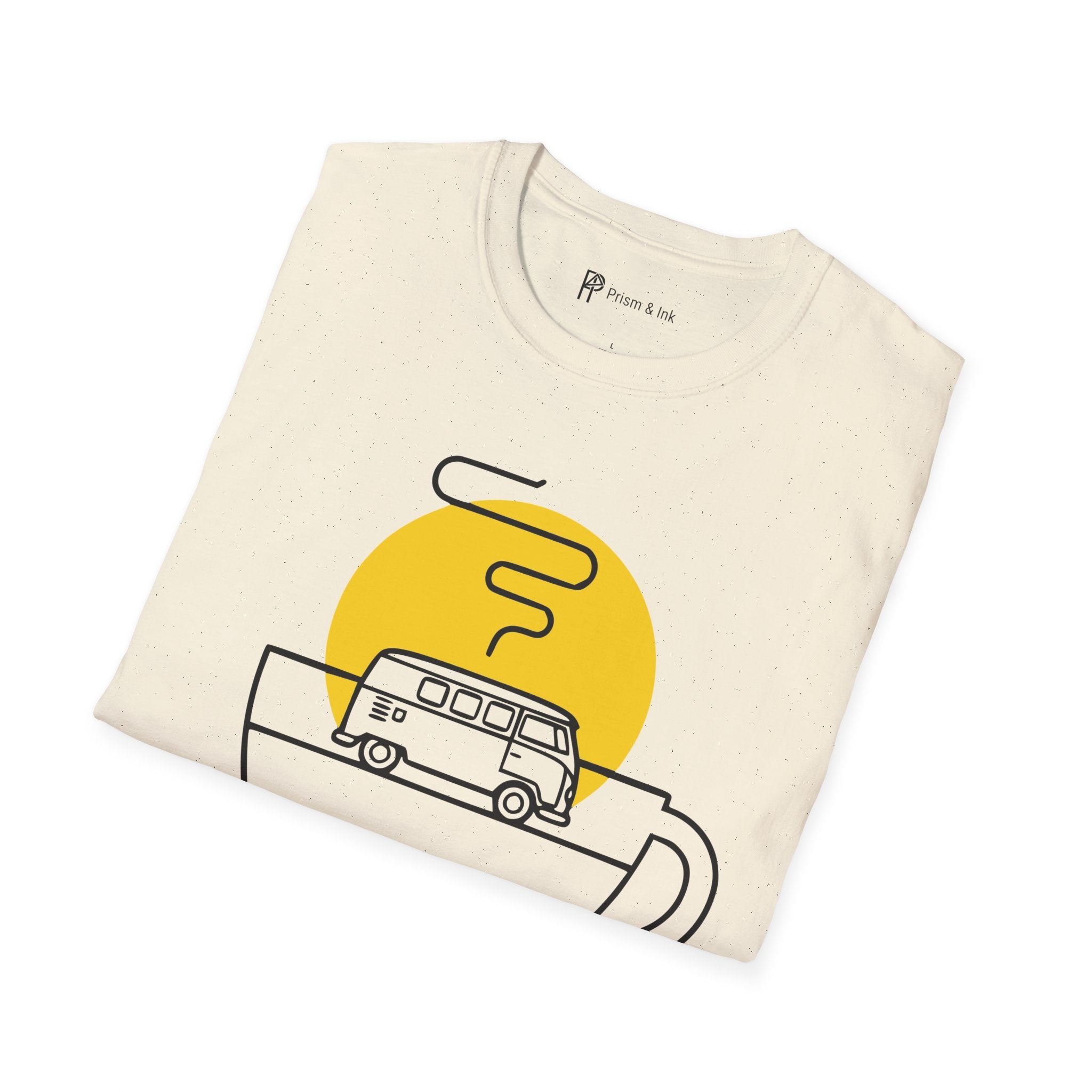 Morning Drift T-Shirt — Retro Camper Van and Coffee Cup
