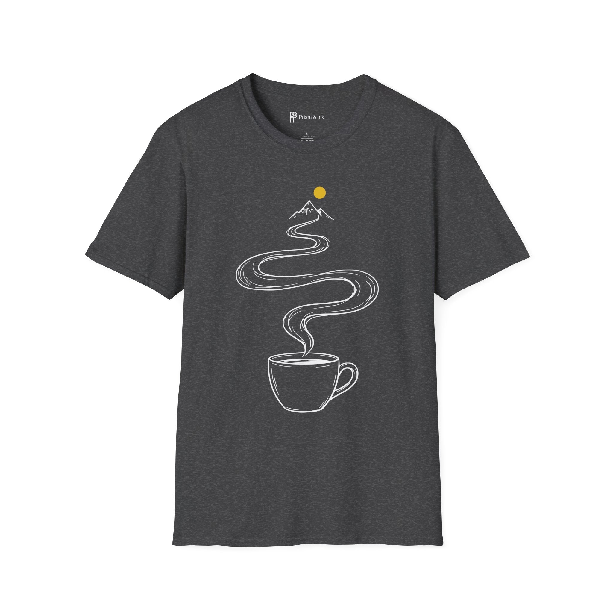 Summit Brew T-Shirt — Steaming Coffee Path and Mountain Peak