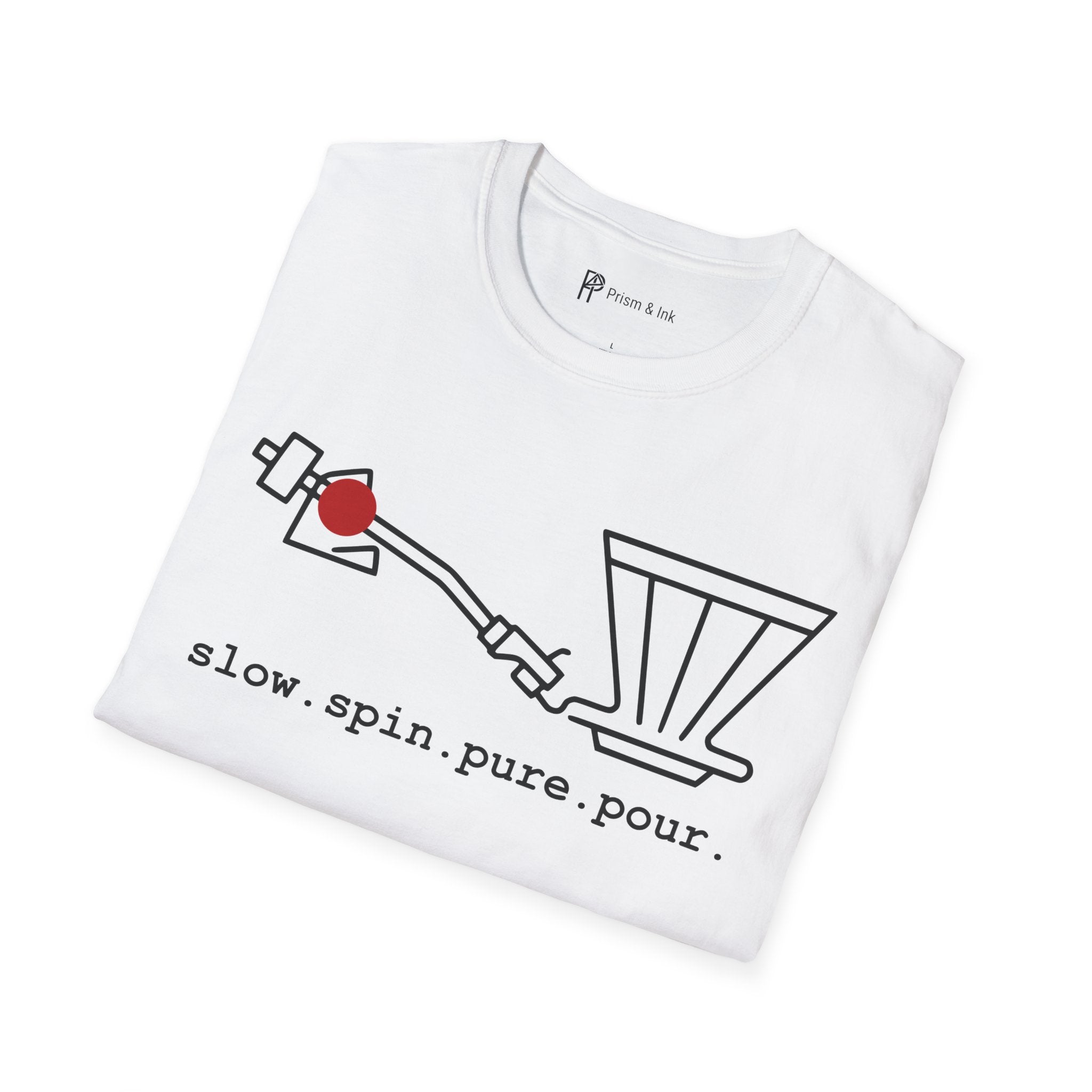 Slow Spin Pure Pour T-Shirt — Minimalist Vinyl Tonearm & Coffee Dripper Art