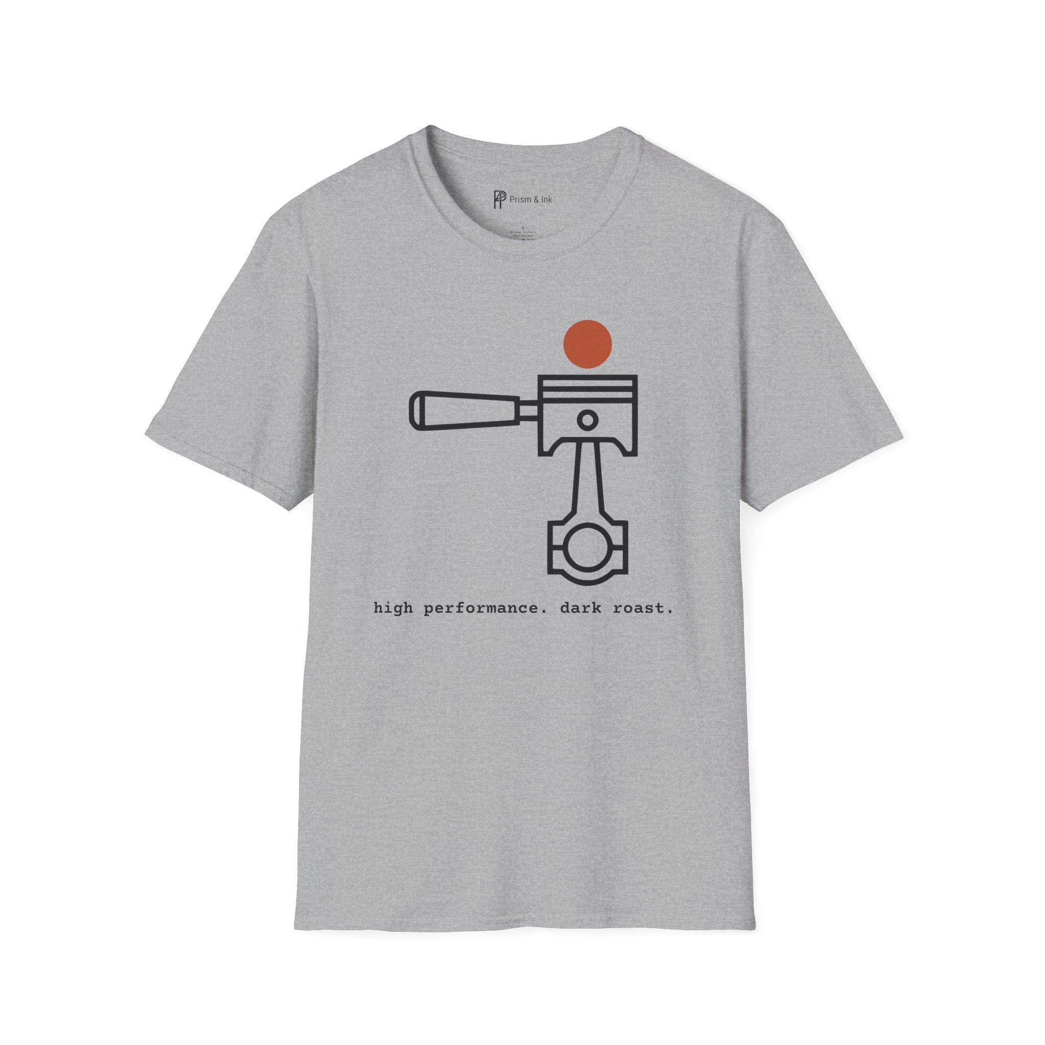 High Performance Dark Roast T-Shirt — Minimalist Piston & Portafilter Mechanical Art