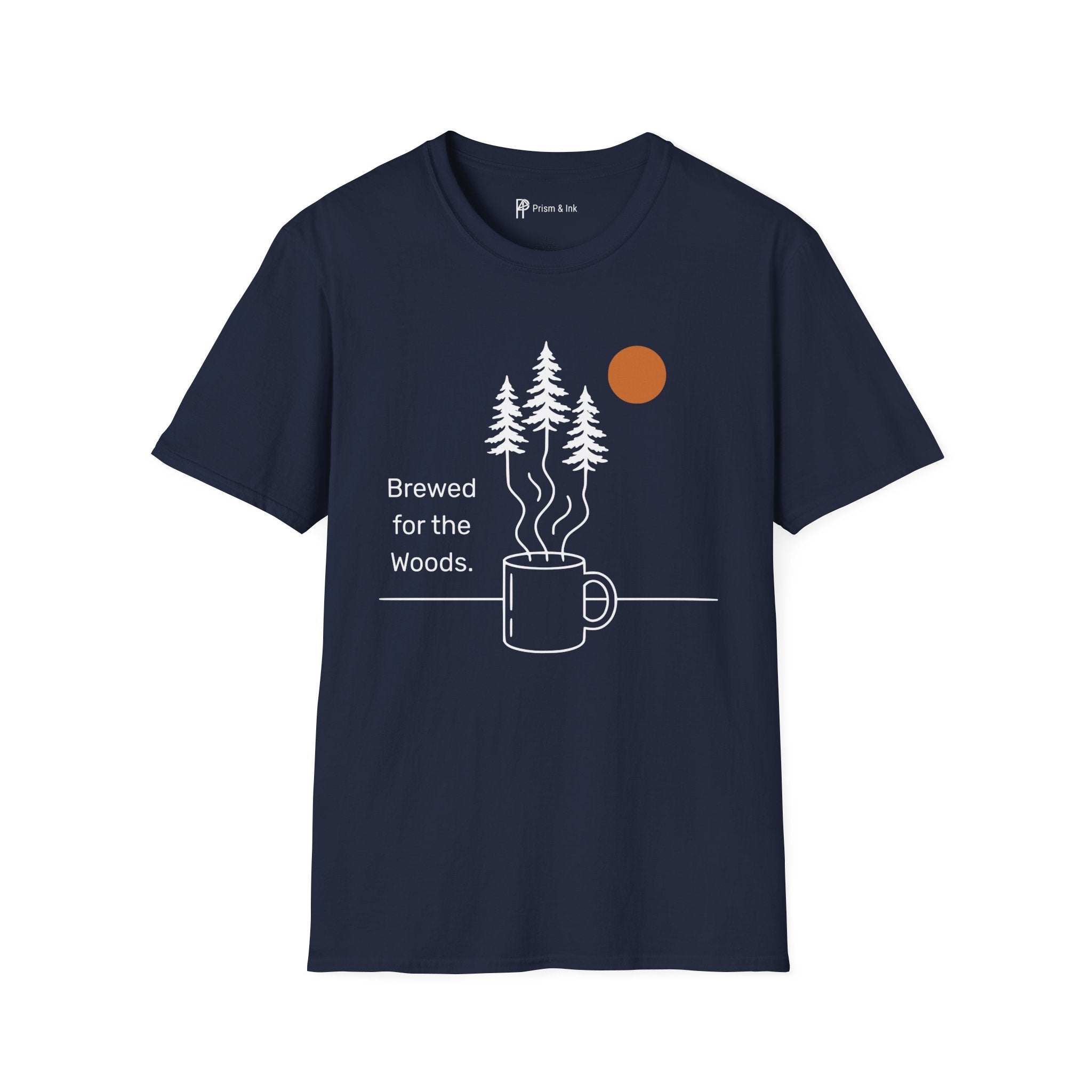 Brewed for the Woods T-Shirt — Coffee Steam Pine Tree Graph