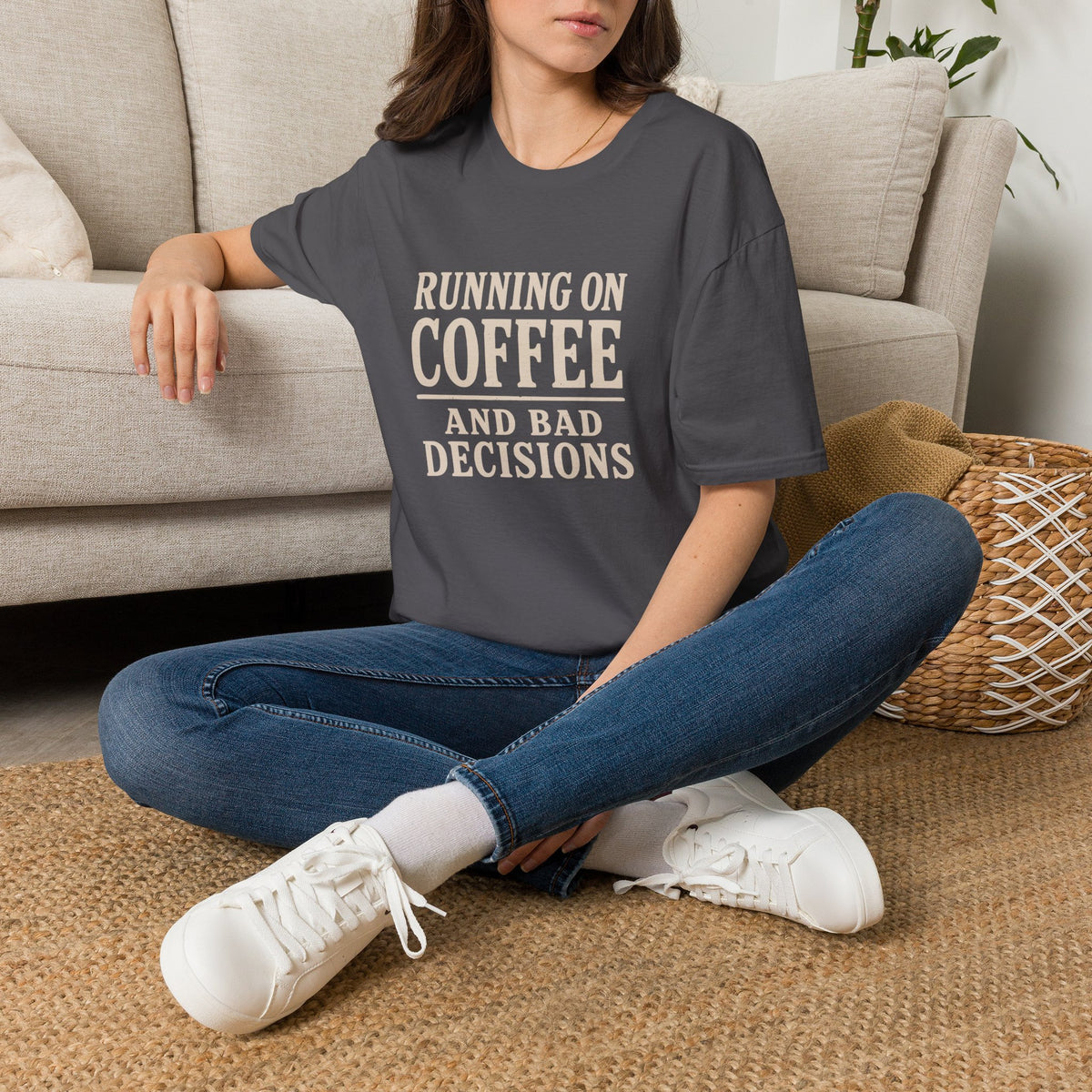 Running On Coffee And Bad Decisions Sarcastic Typography T-Shirt