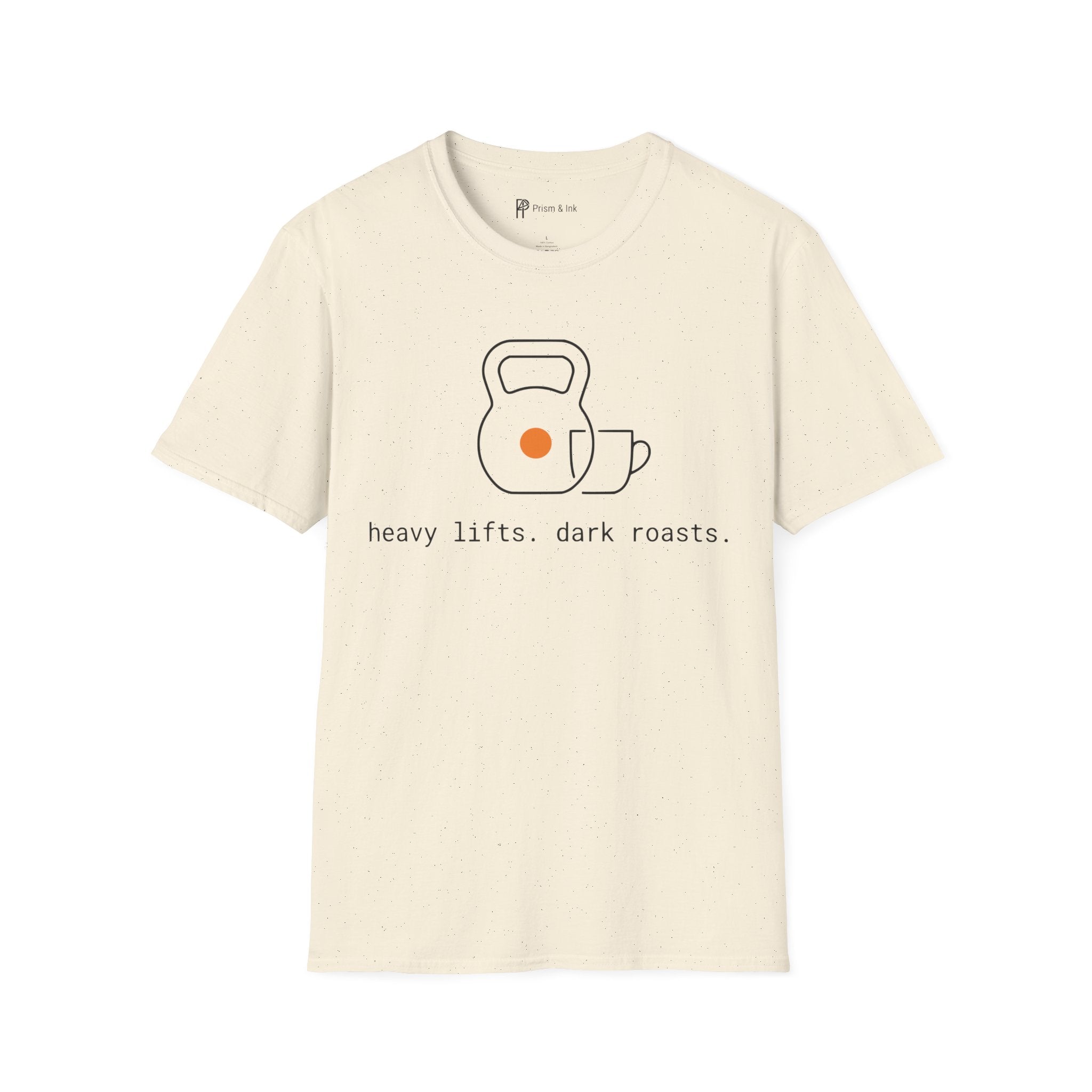 Heavy Lifts & Dark Roasts T-Shirt — Minimalist Kettlebell & Coffee Line Art