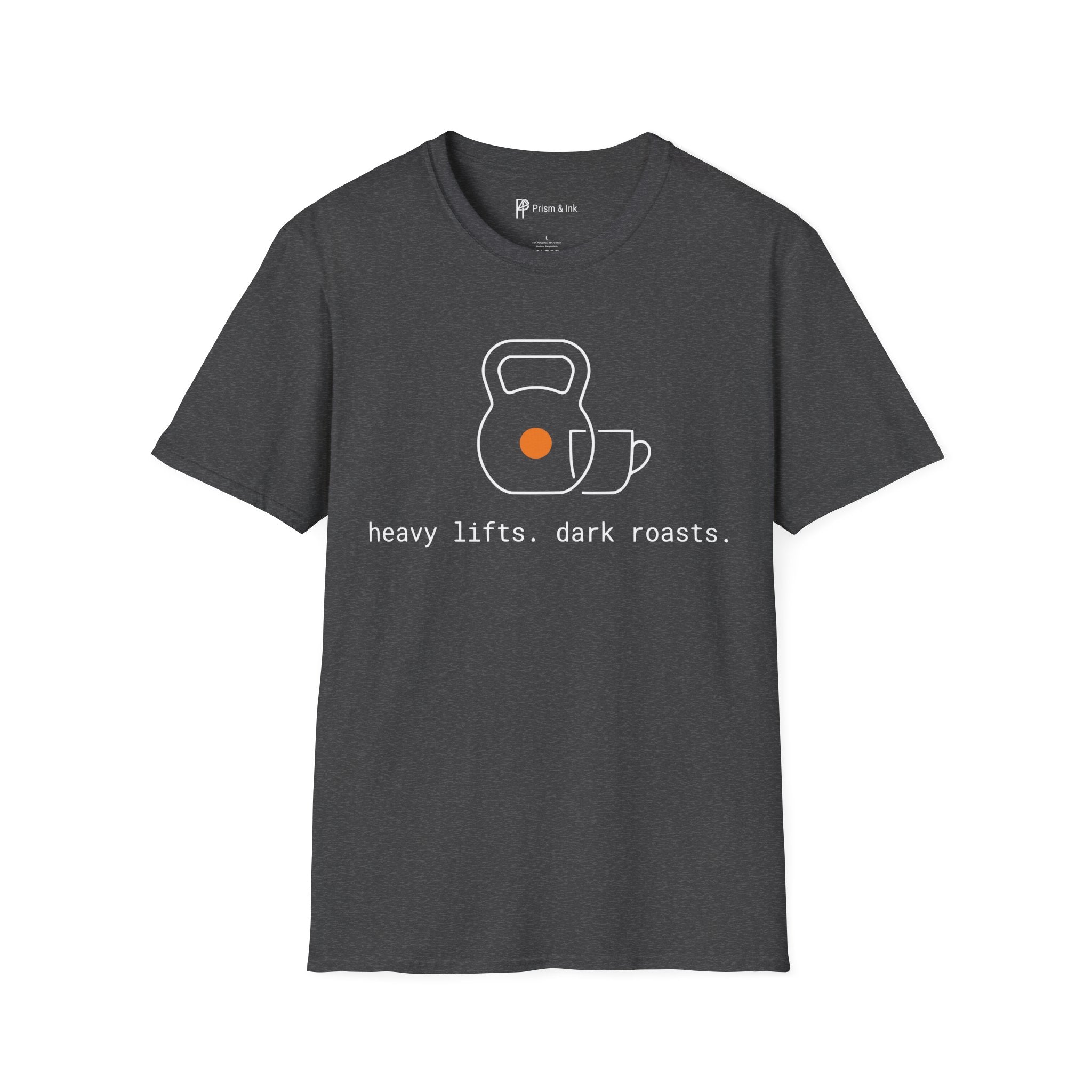 Heavy Lifts & Dark Roasts T-Shirt — Minimalist Kettlebell & Coffee Line Art