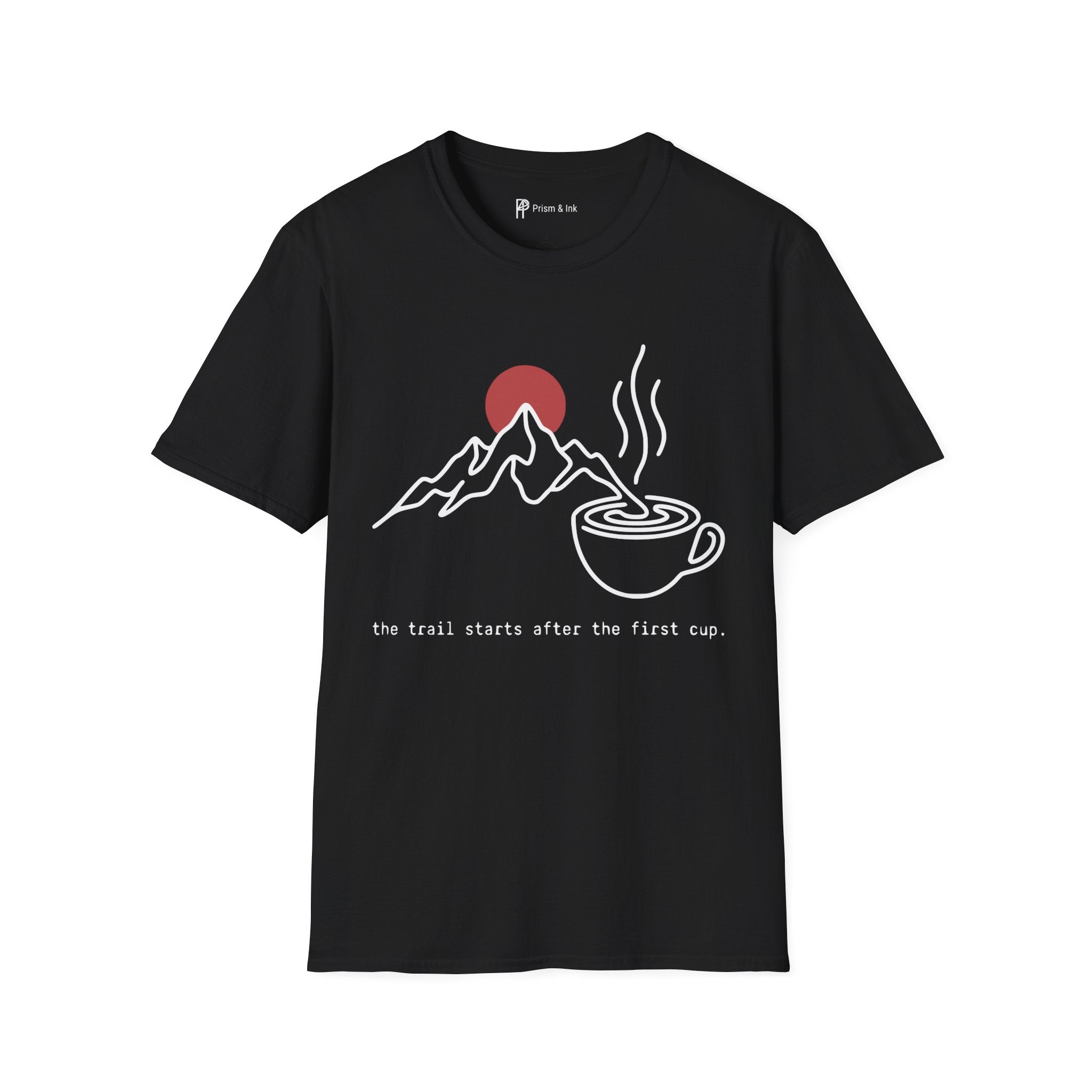 Trail Starts After Coffee T-Shirt — Minimalist Mountain & First Cup Graphic
