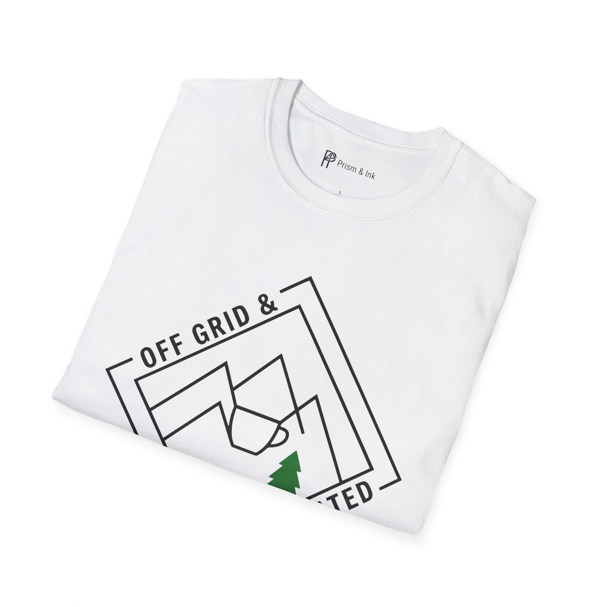 Off Grid & Caffeinated T-Shirt — Minimalist Mountain Badge & Camping Coffee Graphic