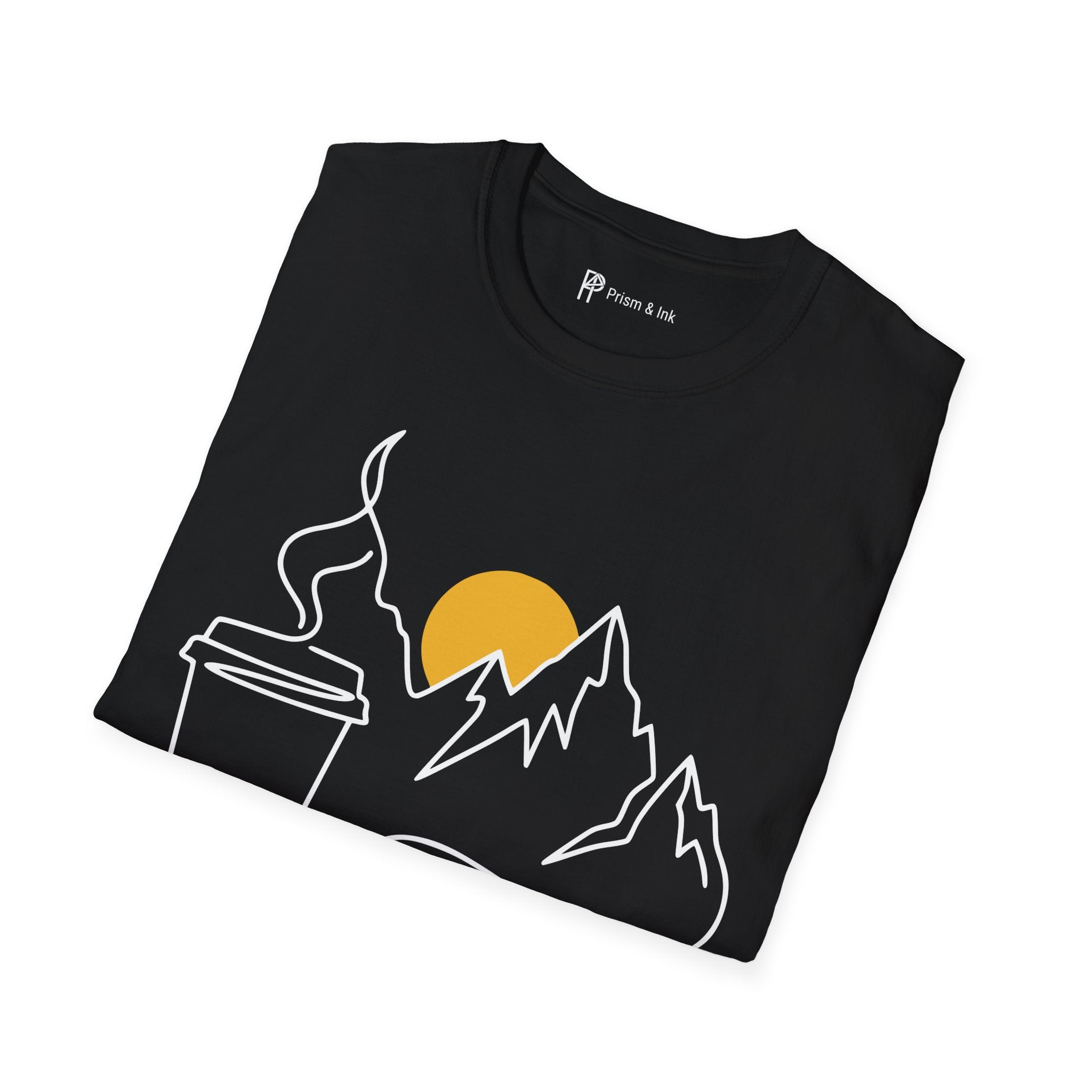 Early Climbs & Caffeine T-Shirt — Minimal Mountain and Mug Line Art