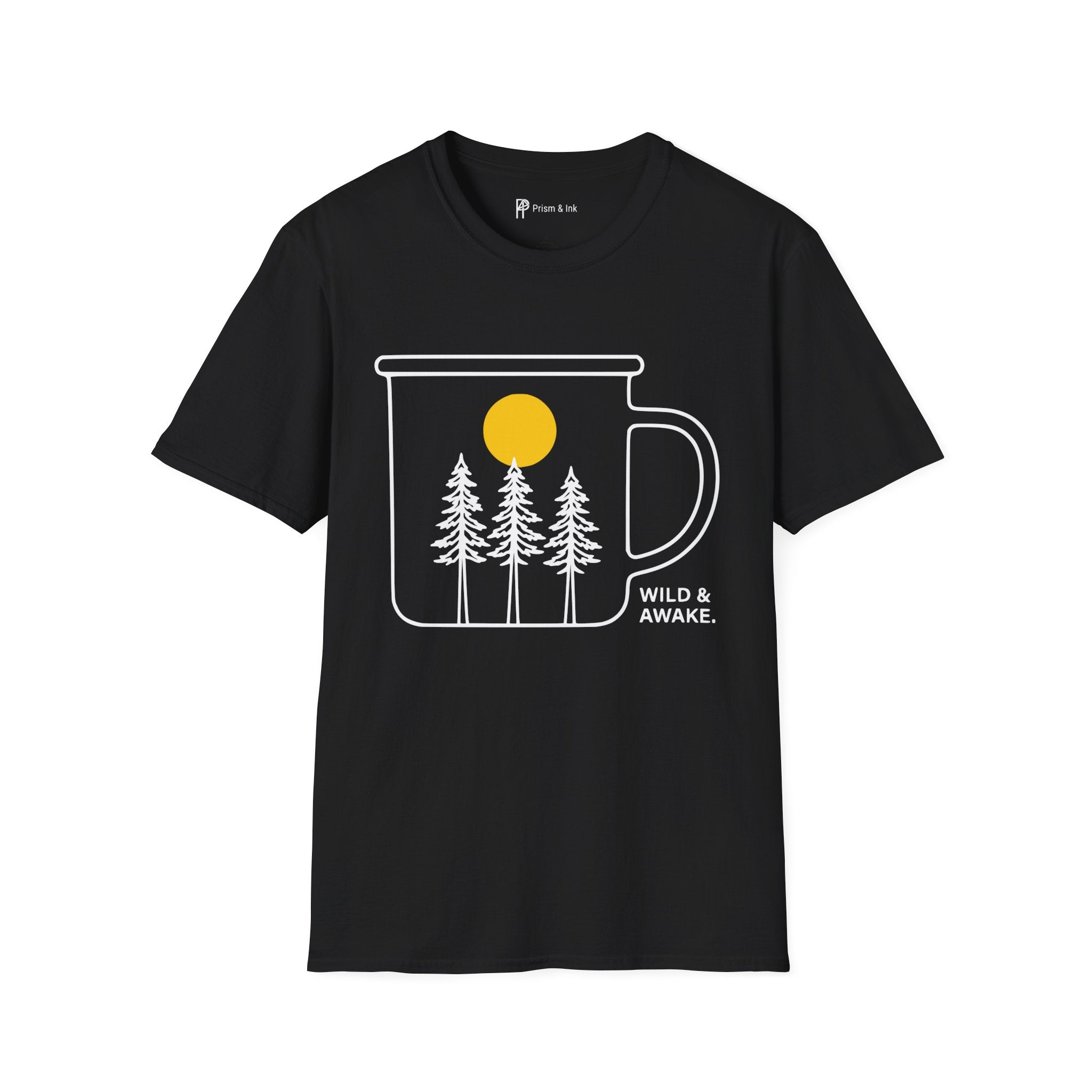 Wild & Awake T-Shirt — Outdoor Enamel Mug and Pine Forest