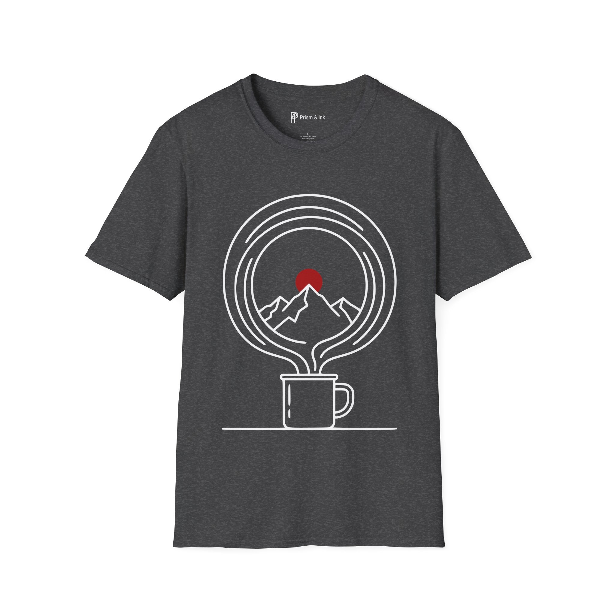Mountain Horizon T-Shirt — Steaming Camp Mug and Snow Peaks