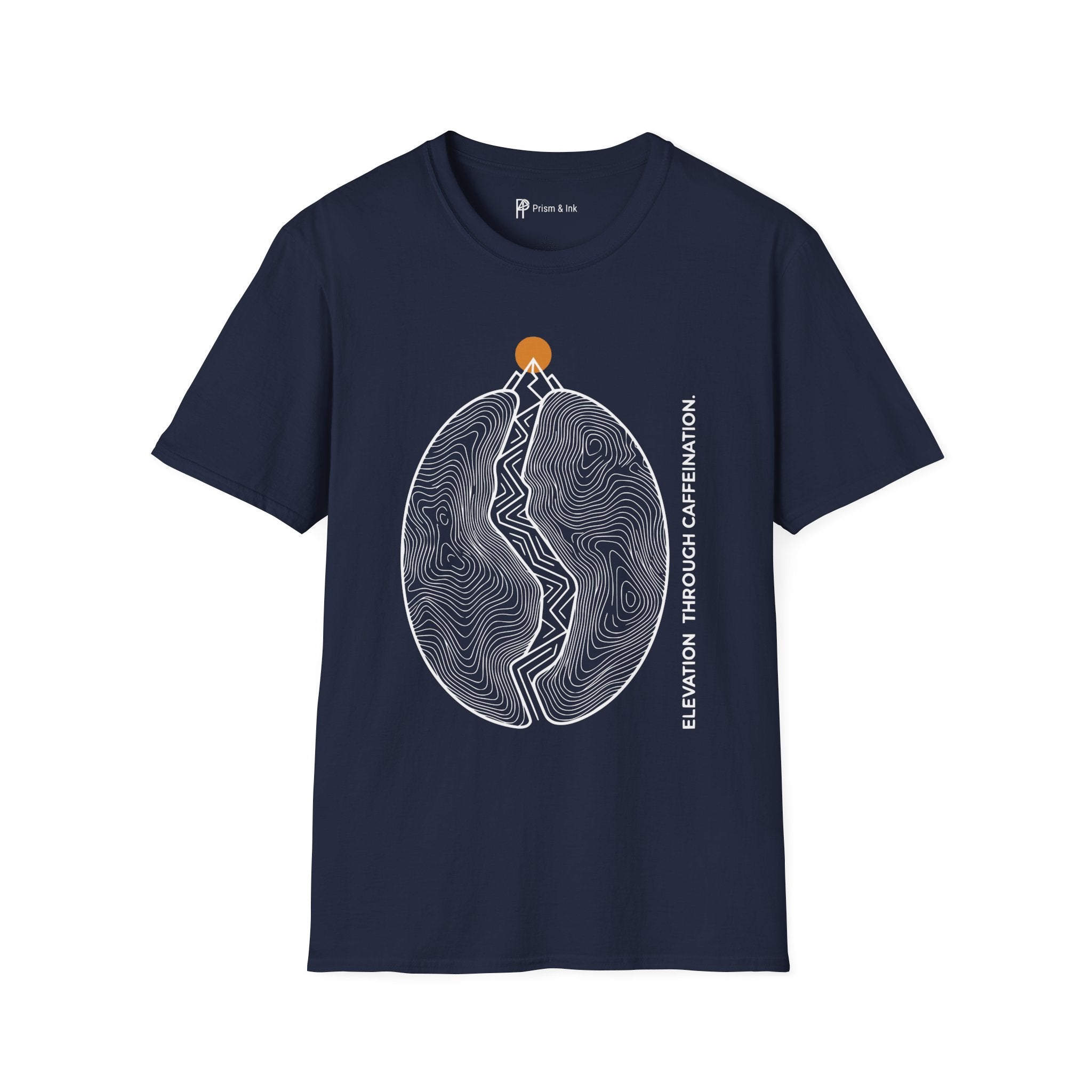 Caffeination Elevation T-Shirt — Topographic Bean and Mountain Peak