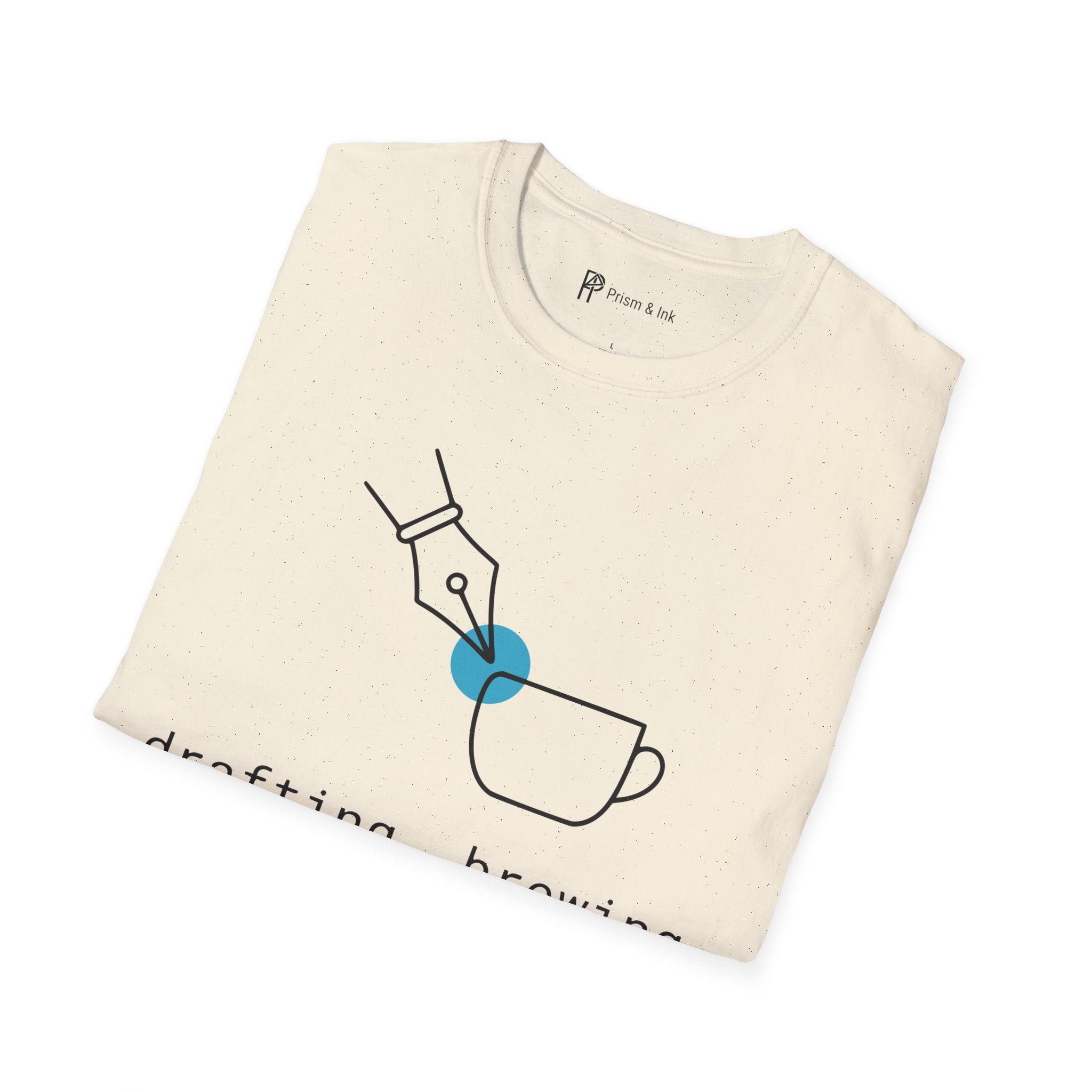Drafting & Brewing T-Shirt — Minimalist Pen Nib & Coffee Line Art