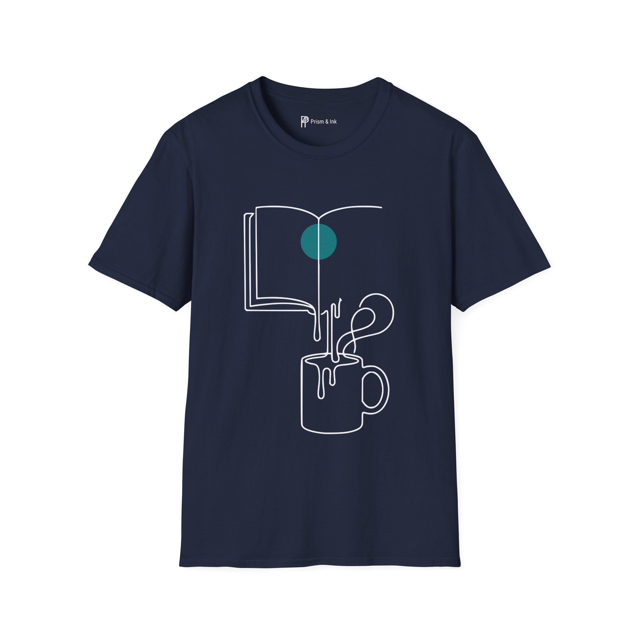 Brewed Knowledge T-Shirt — Minimalist Book and Coffee Drip