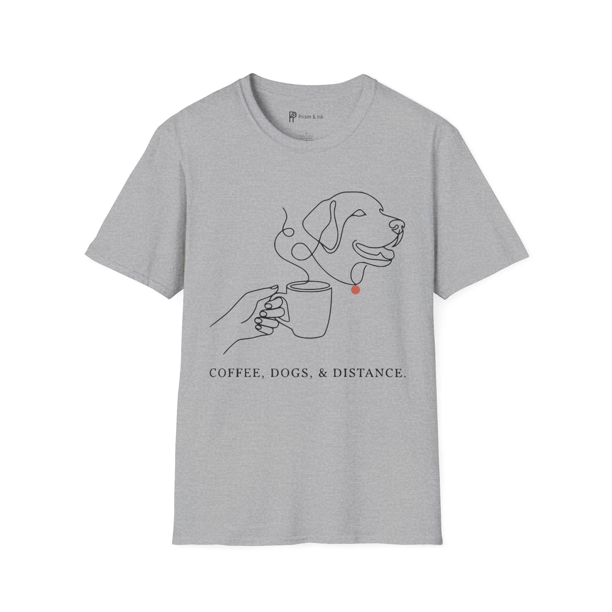 Coffee & Dogs T-Shirt — One Line Art Labrador and Steaming Cup