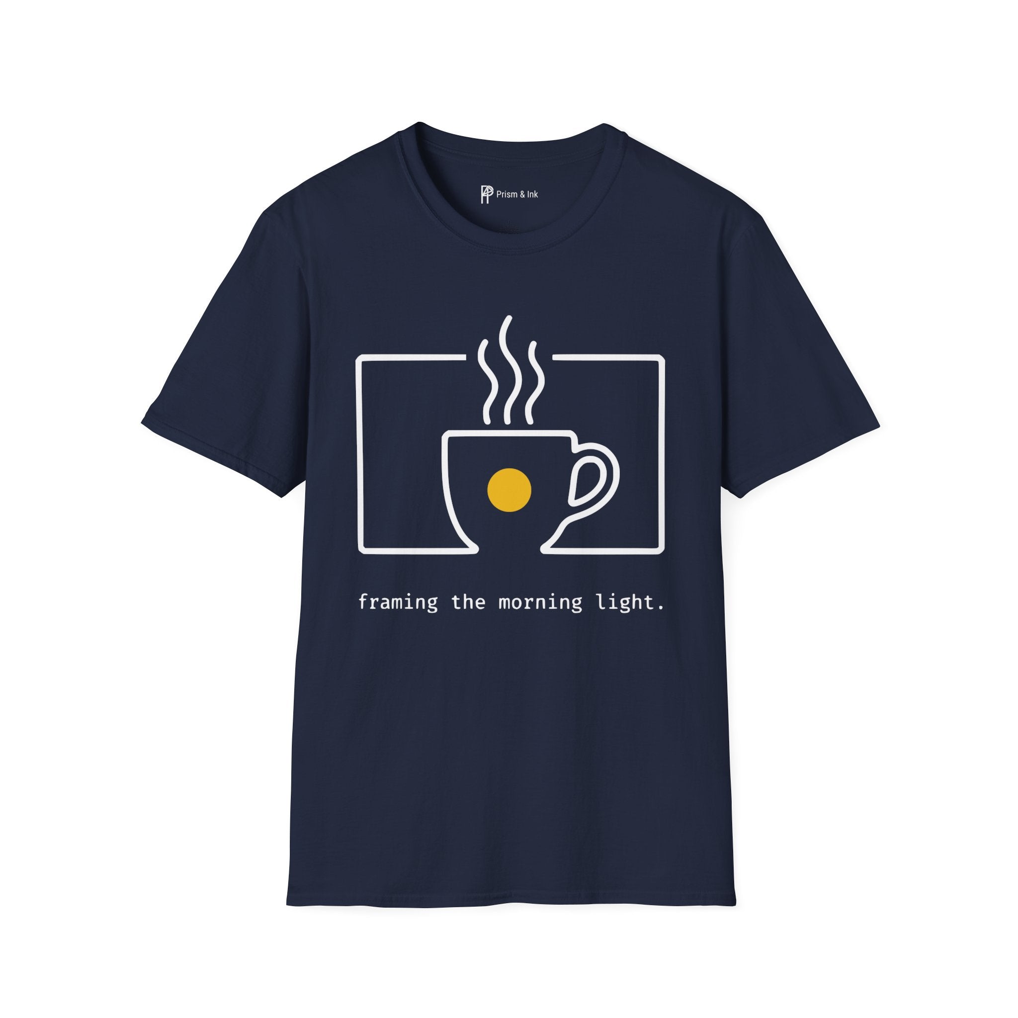 Framing the Morning Light T-Shirt — Minimalist Viewfinder & Coffee Cup Art