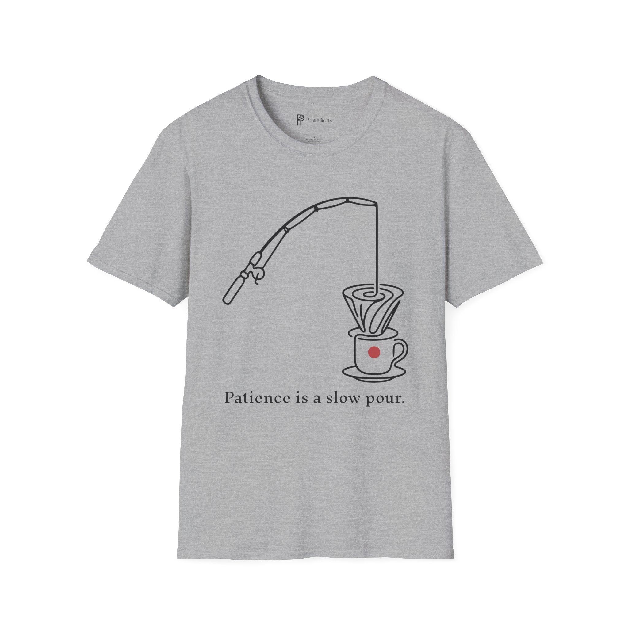 Slow Pour Patience T-Shirt — Fishing Rod & Coffee Dripper Graphic