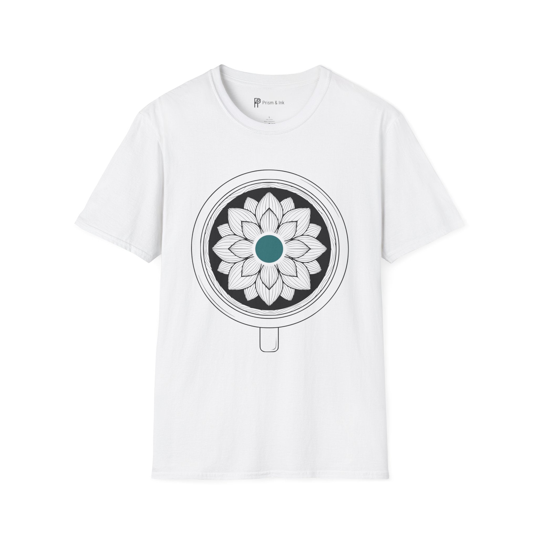 Caffeine Bloom T-Shirt — Mandala Lotus Coffee Cup Silhouette