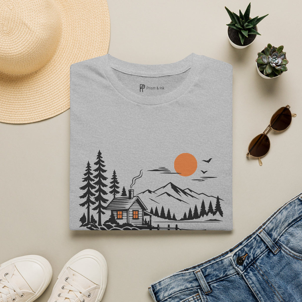 Quiet Cabin Lake Sunset Mountain T-Shirt