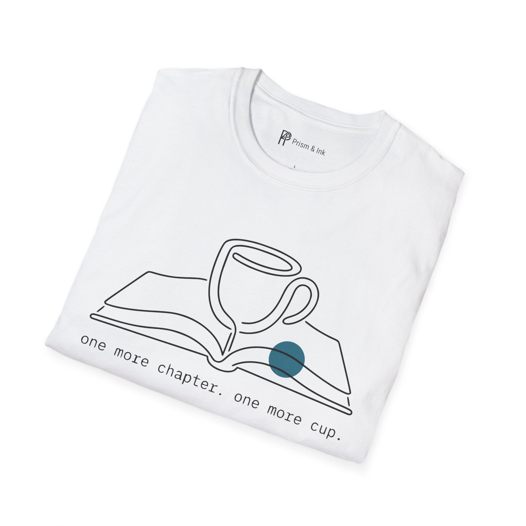 One More Chapter T-Shirt — Minimalist Book & Coffee Ritual Art