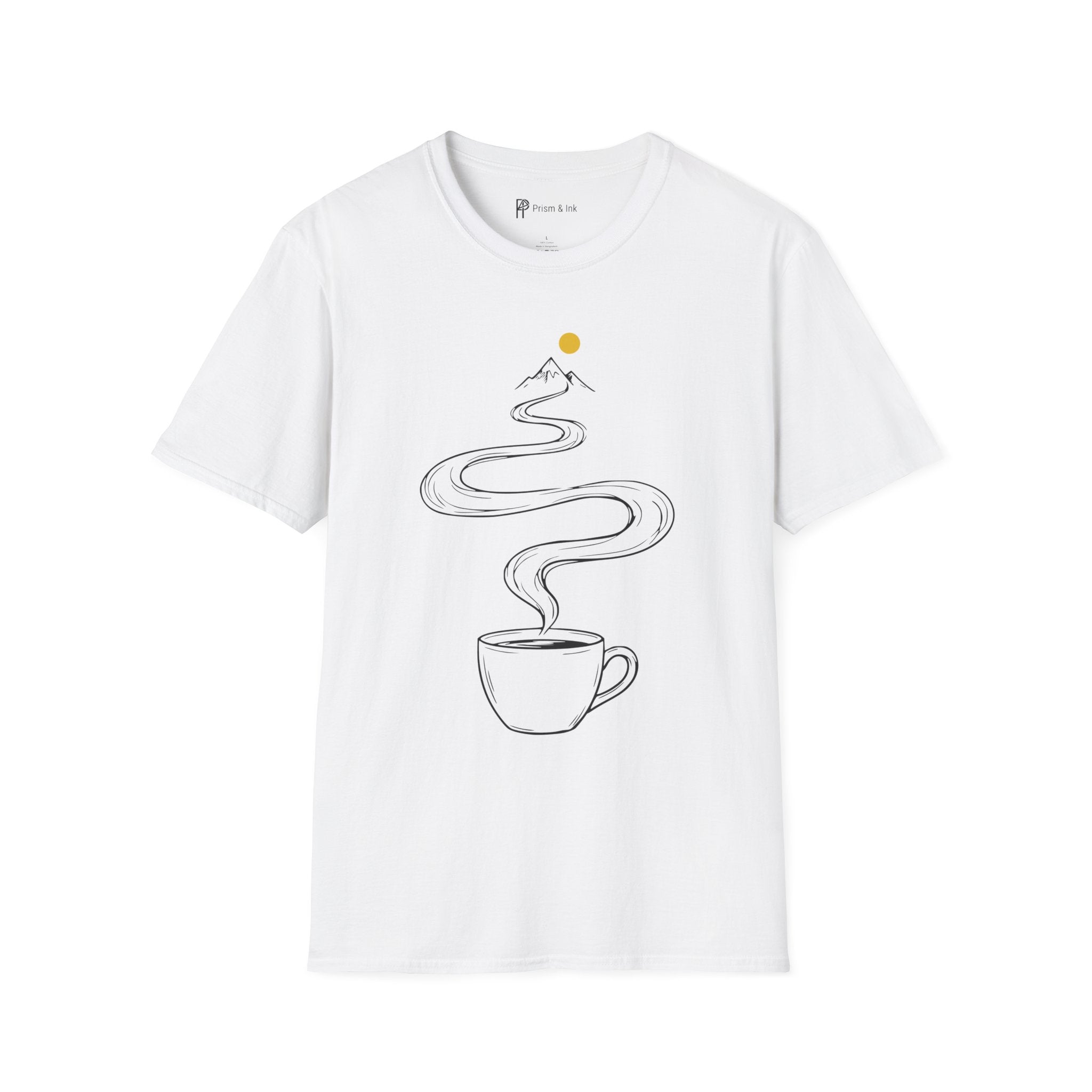 Summit Brew T-Shirt — Steaming Coffee Path and Mountain Peak