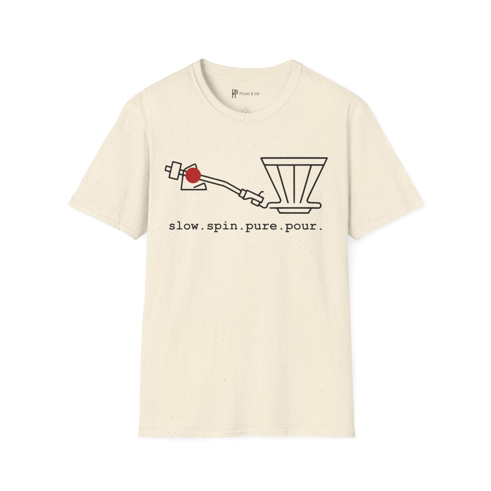 Slow Spin Pure Pour T-Shirt — Minimalist Vinyl Tonearm & Coffee Dripper Art
