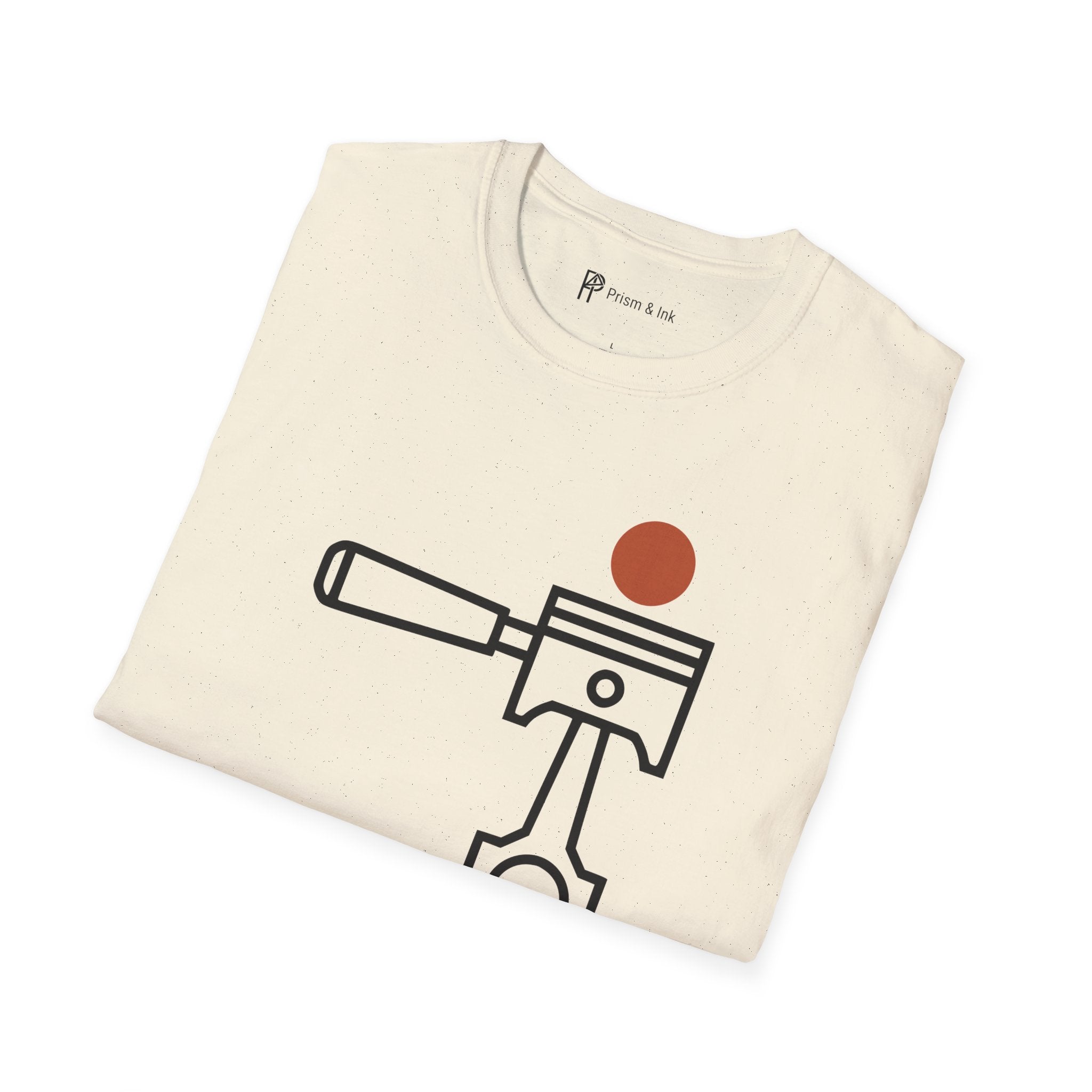 High Performance Dark Roast T-Shirt — Minimalist Piston & Portafilter Mechanical Art