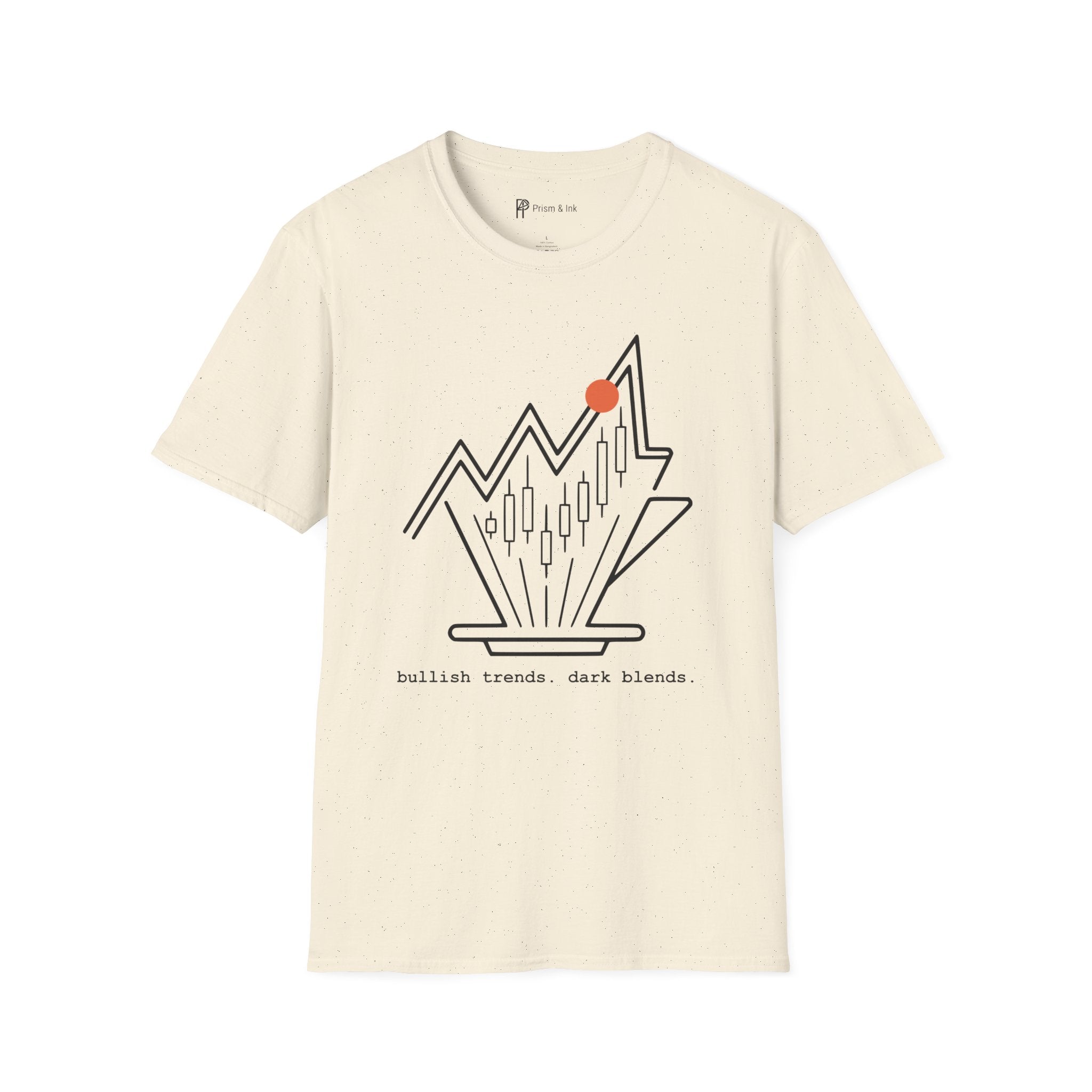 Bullish Trends Dark Blends T-Shirt — Minimalist Stock Market & Coffee Art