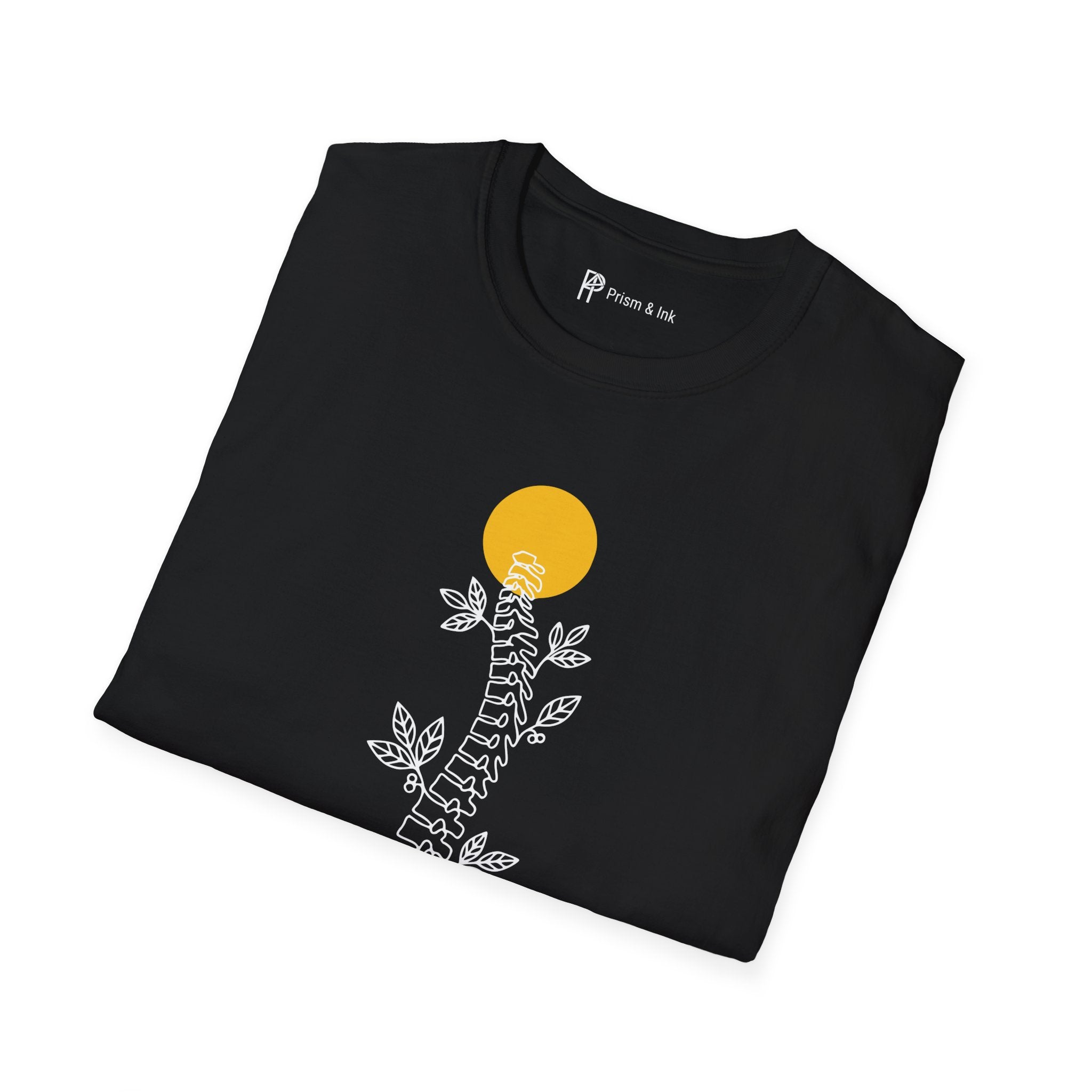 Rooted in Caffeine T-Shirt — Spinal Coffee Branch and Sun Graph