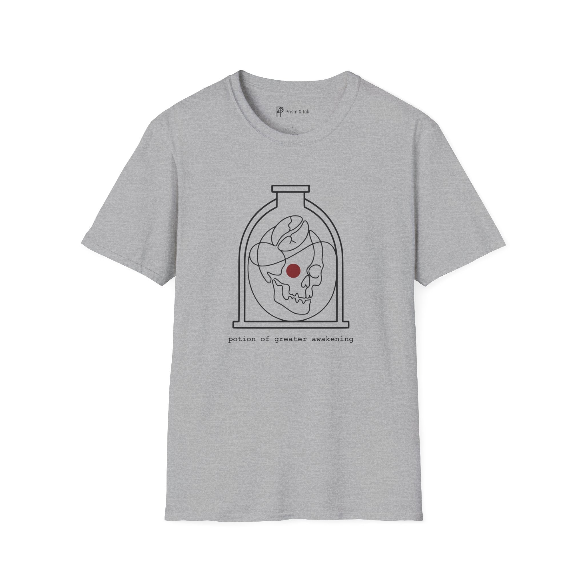 Potion of Greater Awakening T-Shirt — Minimalist Alchemy Flask & Coffee Bean Art