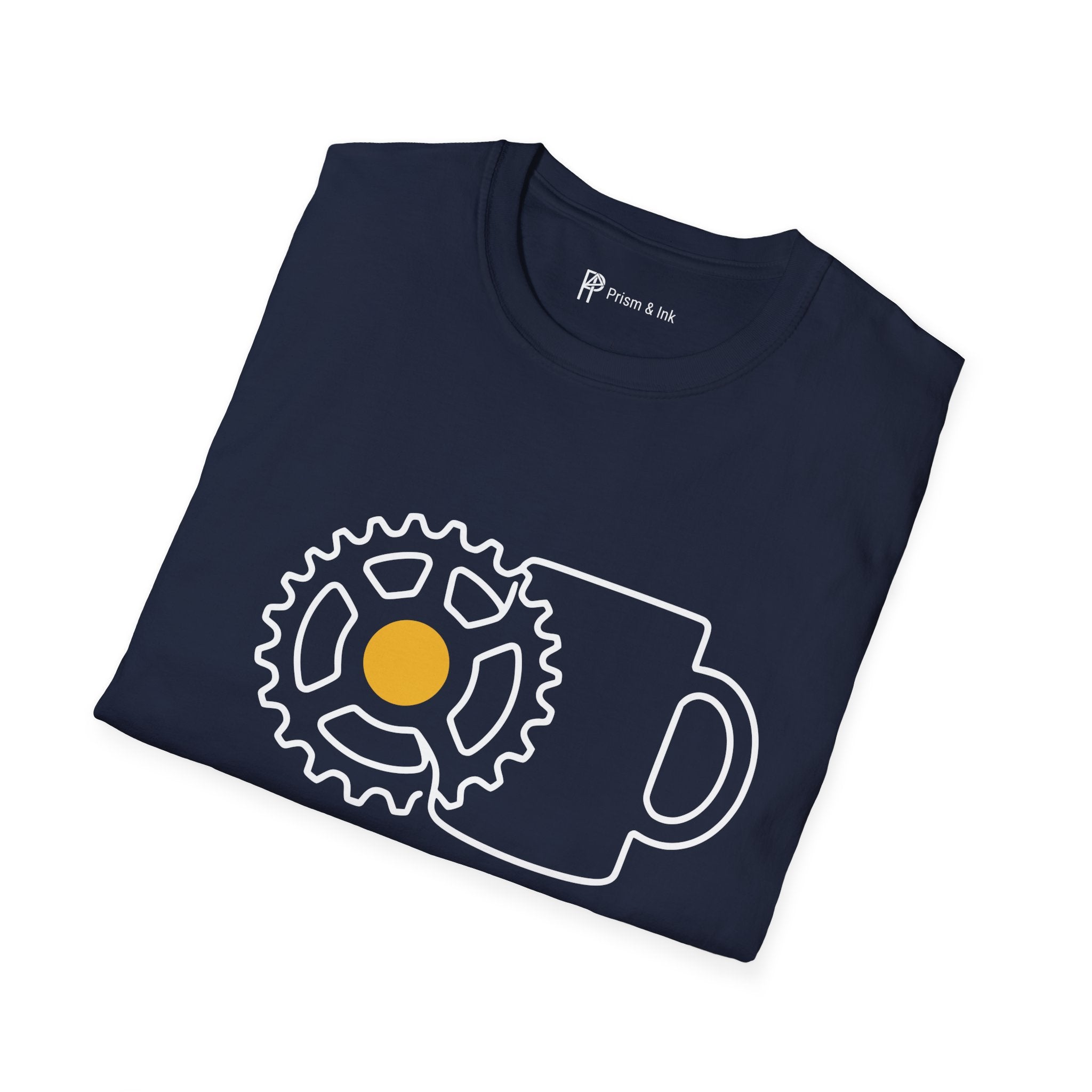 Shifting Gears T-Shirt — Minimalist Cycling Cog & Coffee Line Art