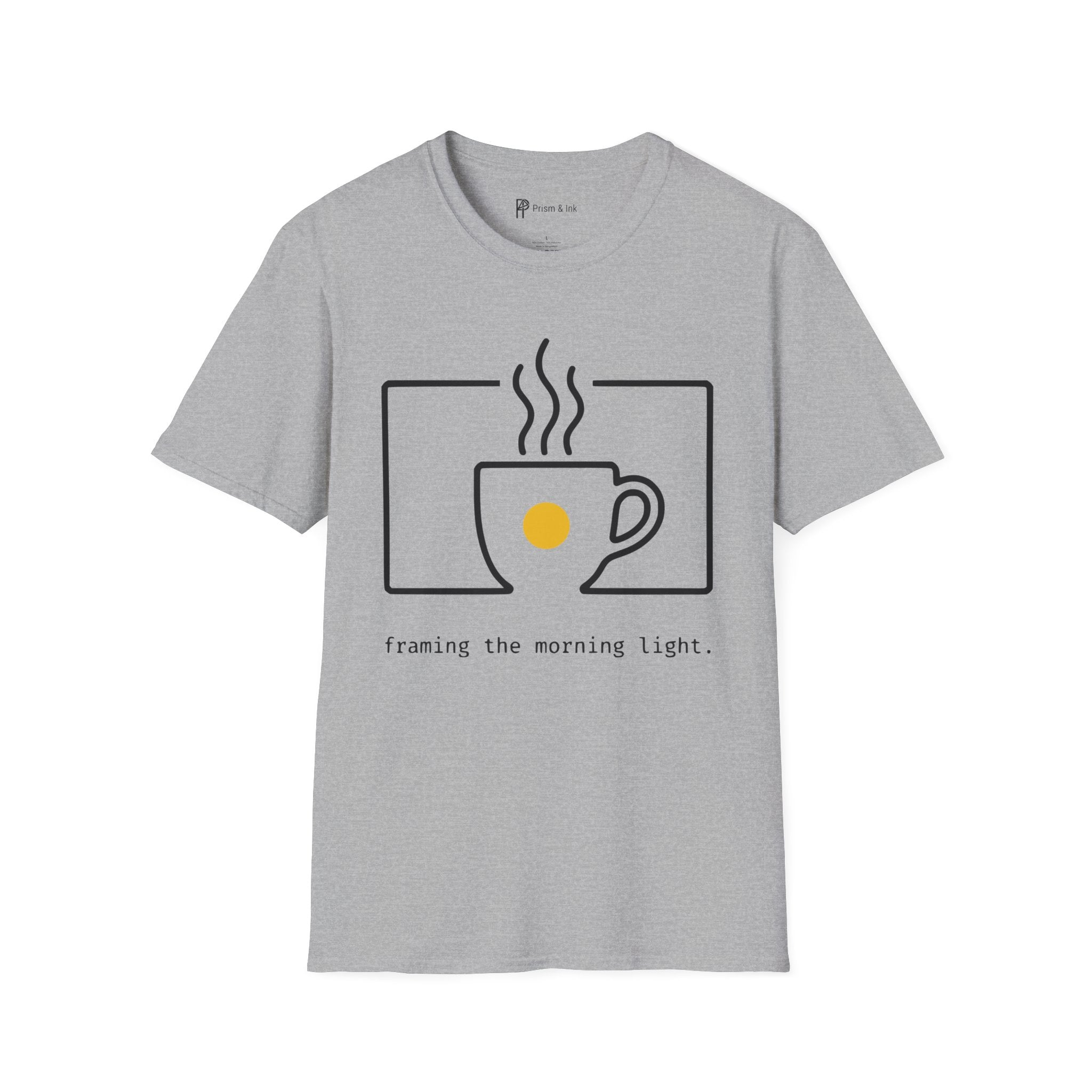 Framing the Morning Light T-Shirt — Minimalist Viewfinder & Coffee Cup Art