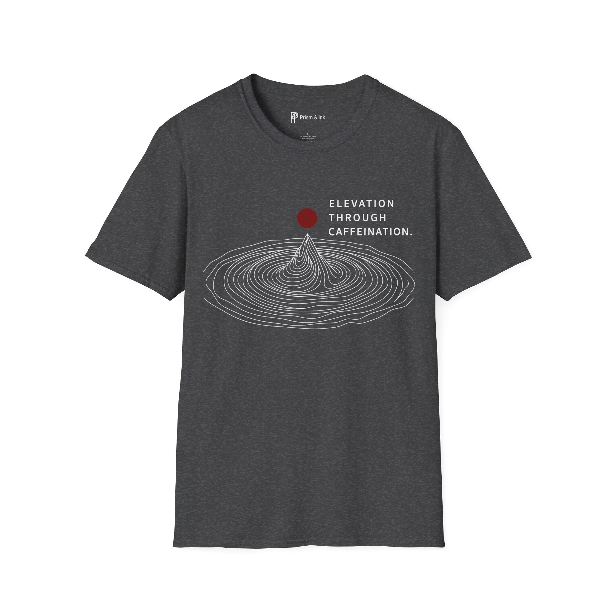 Elevation Through Caffeination T-Shirt — Topographic Peak and Caffeination Graph