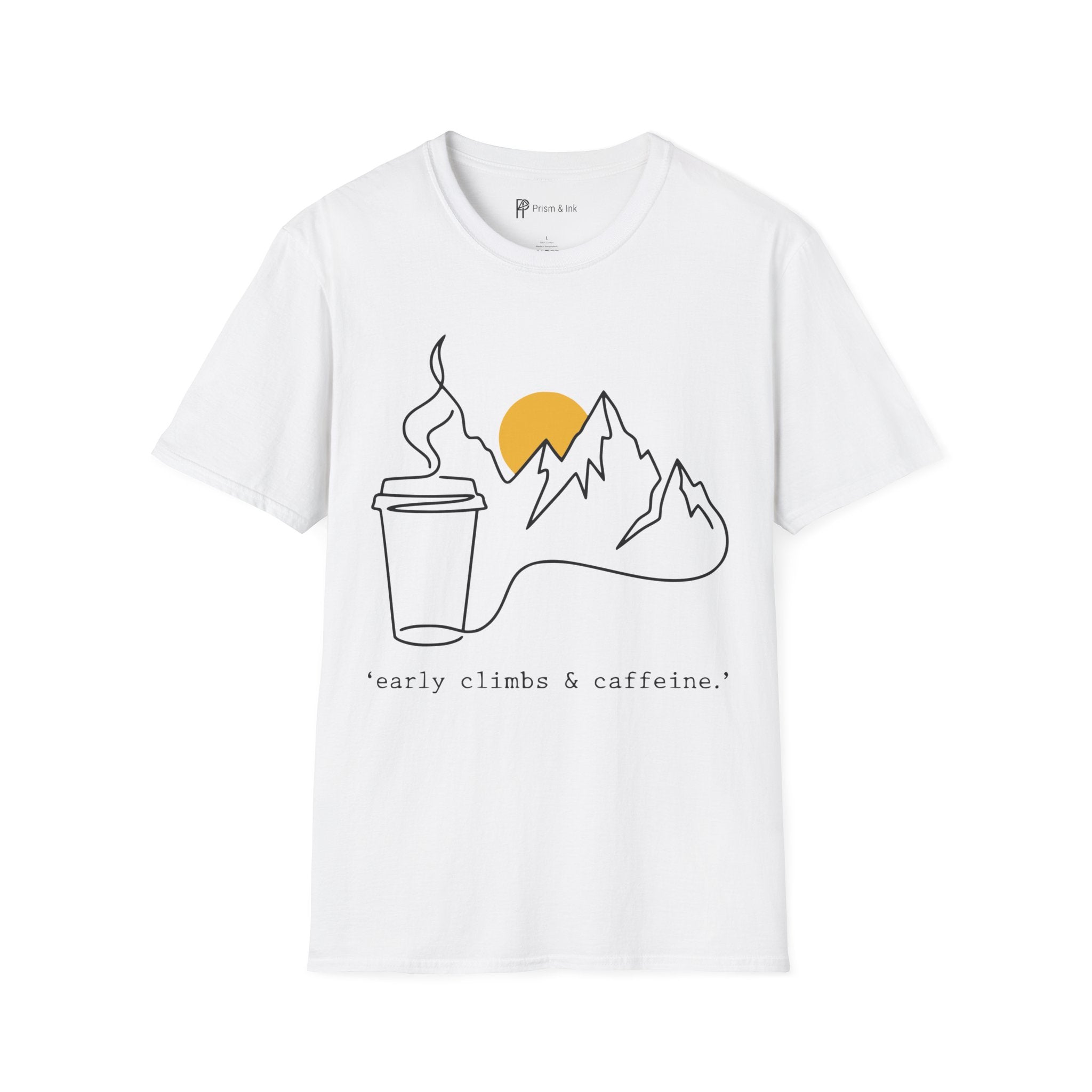 Early Climbs & Caffeine T-Shirt — Minimal Mountain and Mug Line Art