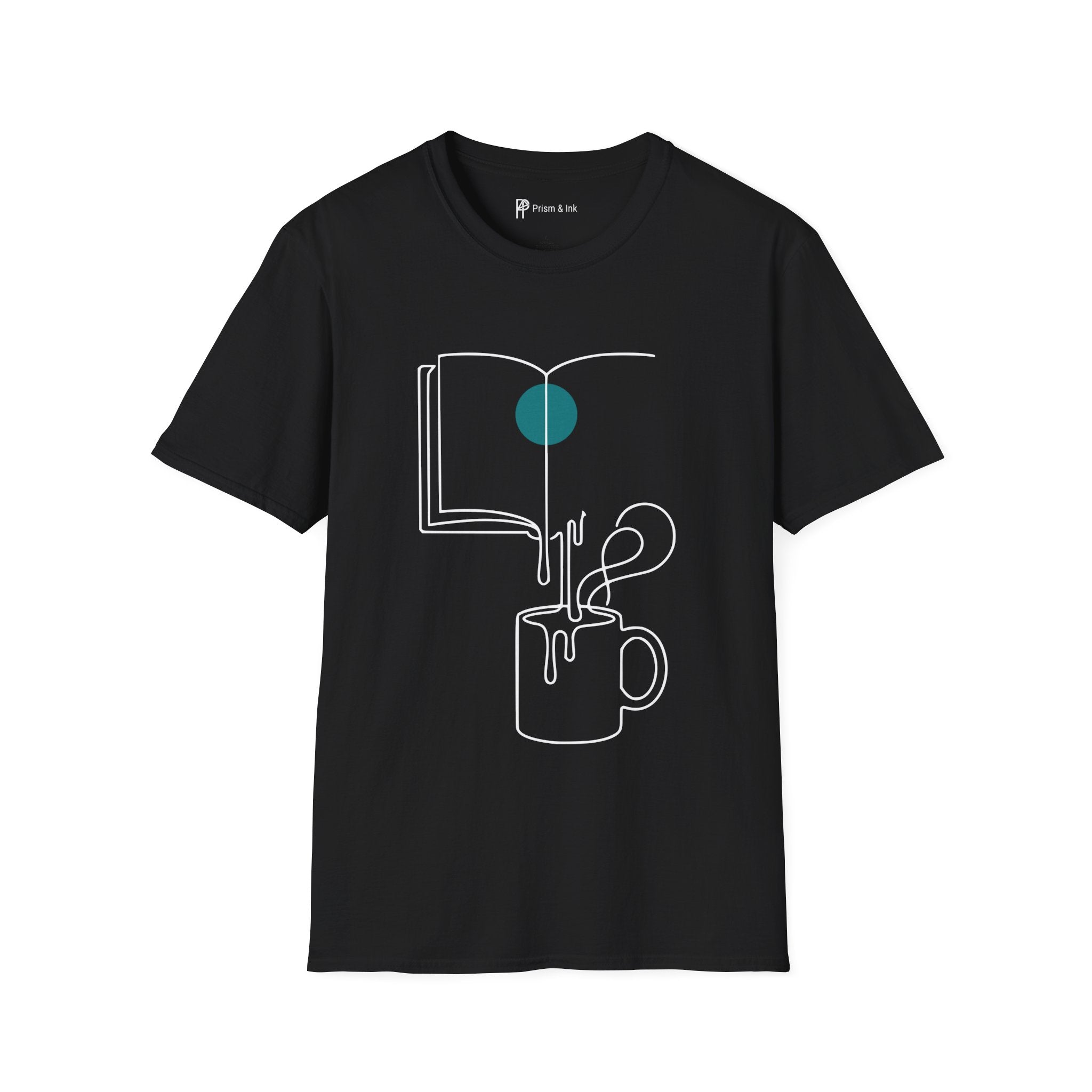 Brewed Knowledge T-Shirt — Minimalist Book and Coffee Drip