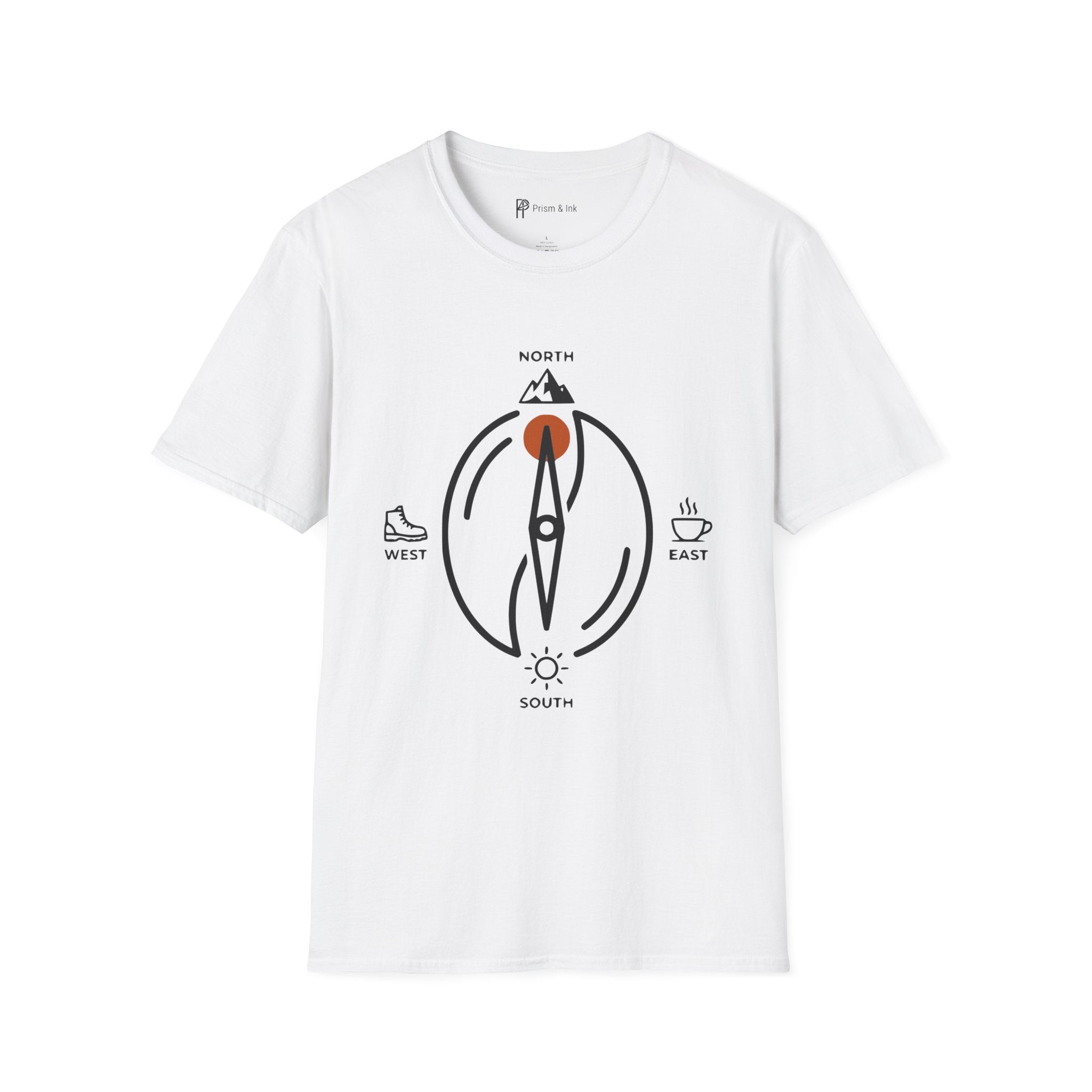 Caffeine Compass T-Shirt — Minimalist Coffee Bean Navigation