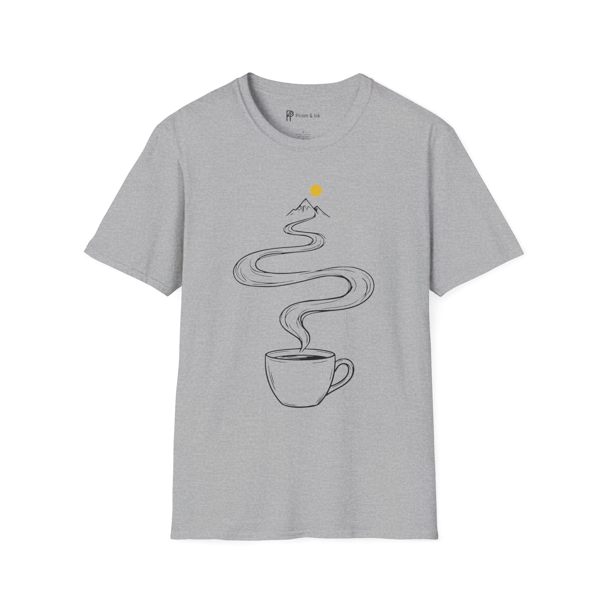 Summit Brew T-Shirt — Steaming Coffee Path and Mountain Peak