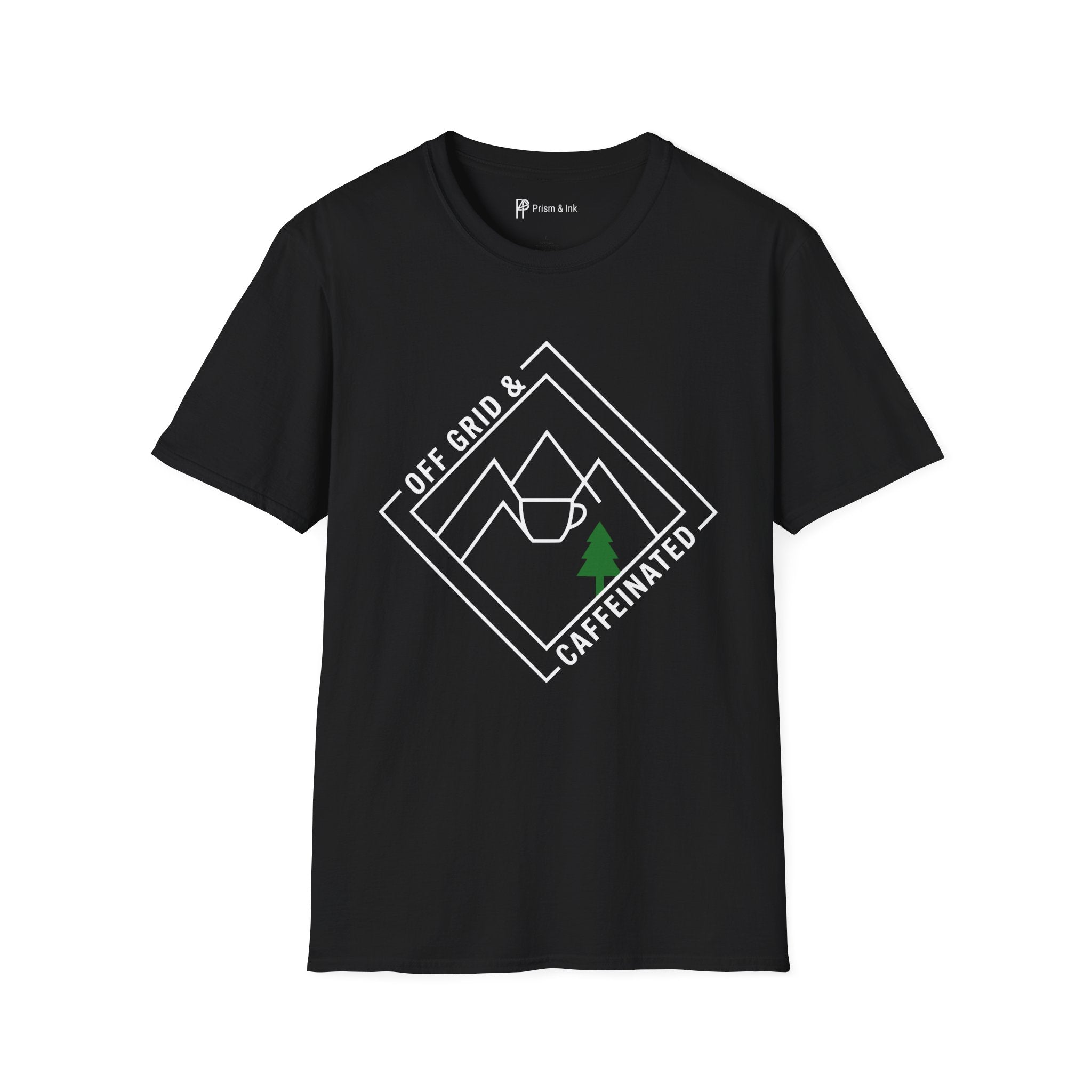 Off Grid & Caffeinated T-Shirt — Minimalist Mountain Badge & Camping Coffee Graphic