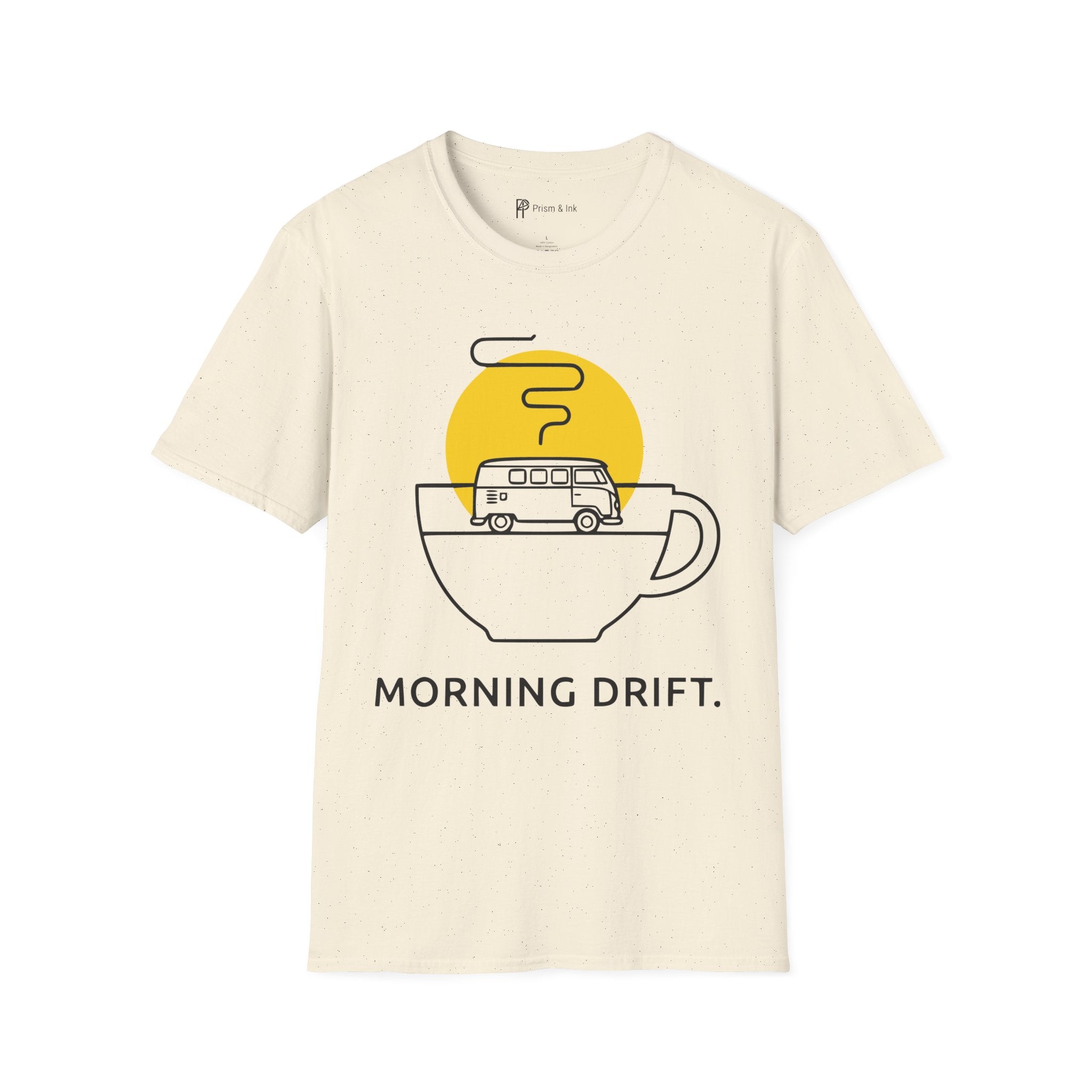 Morning Drift T-Shirt — Retro Camper Van and Coffee Cup