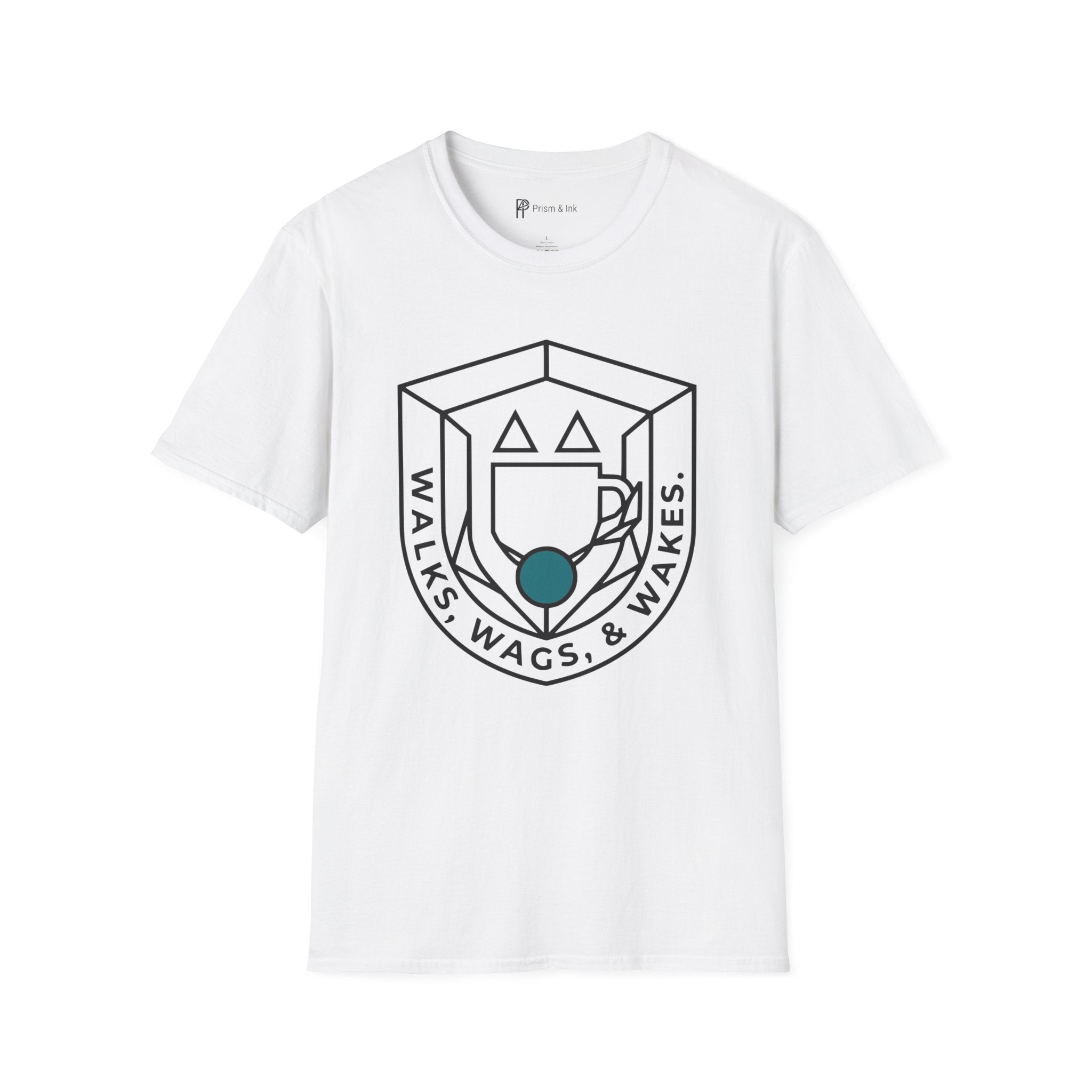 Walks, Wags & Wakes T-Shirt — Geometric Dog and Coffee Crest Graph