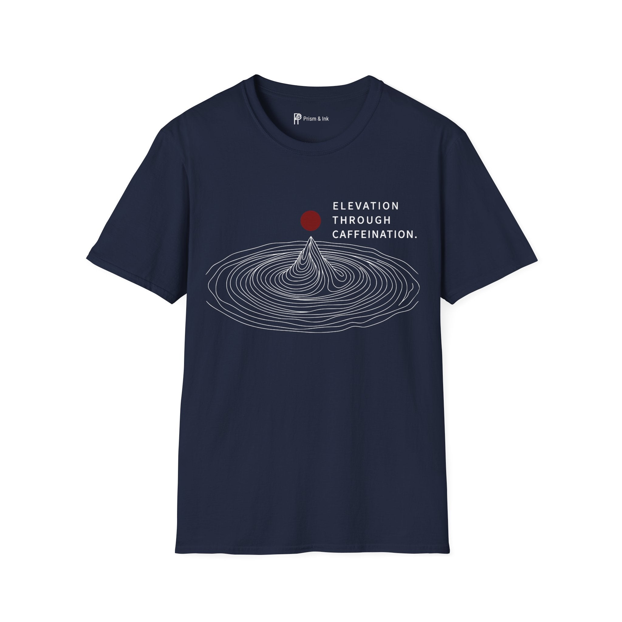 Elevation Through Caffeination T-Shirt — Topographic Peak and Caffeination Graph