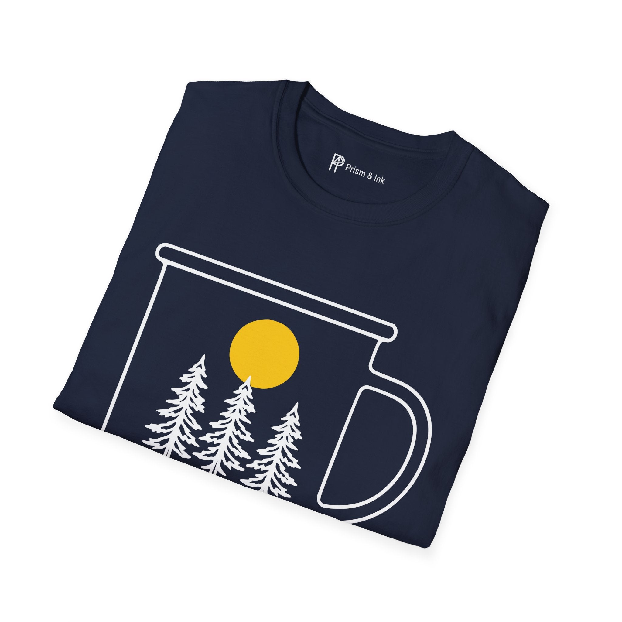 Wild & Awake T-Shirt — Outdoor Enamel Mug and Pine Forest