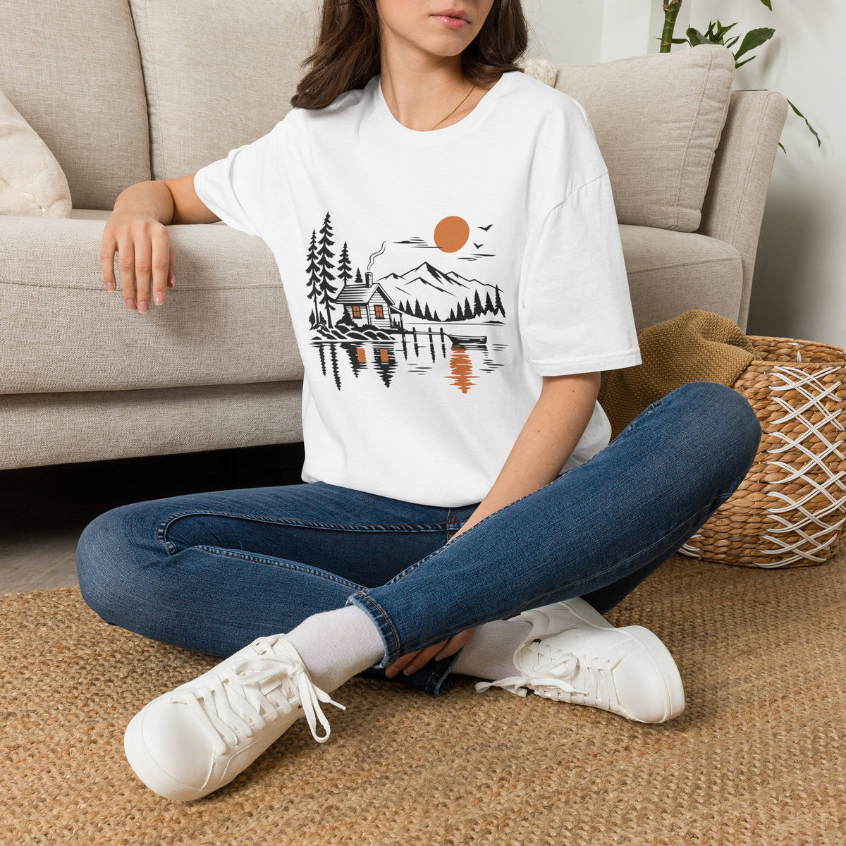 Quiet Cabin Lake Sunset Mountain T-Shirt