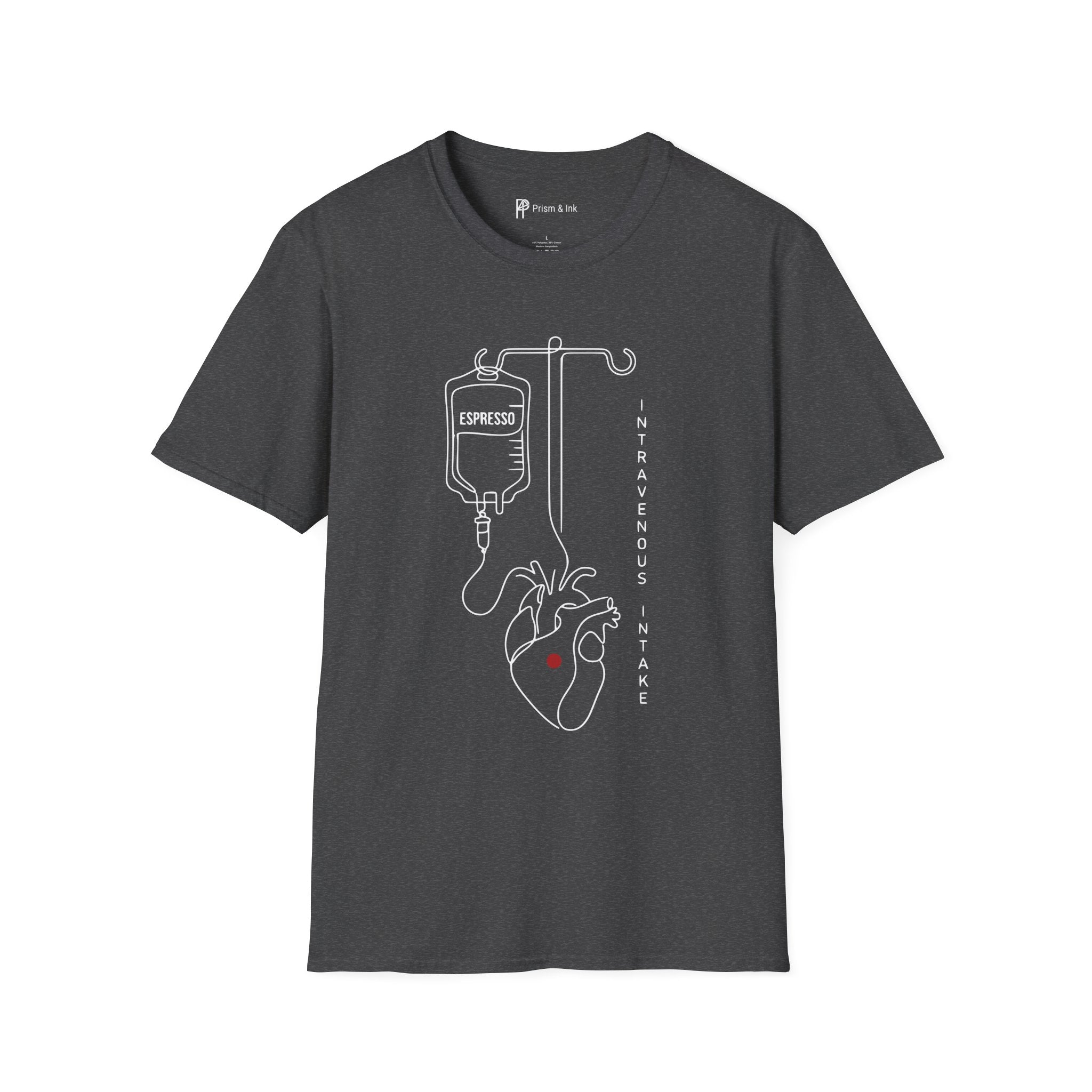 Intravenous Intake T-Shirt — Espresso IV and Heart Line Art