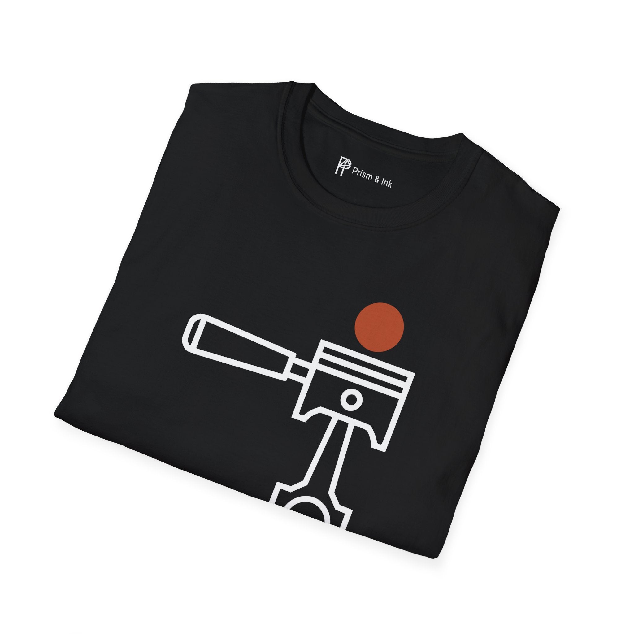 High Performance Dark Roast T-Shirt — Minimalist Piston & Portafilter Mechanical Art