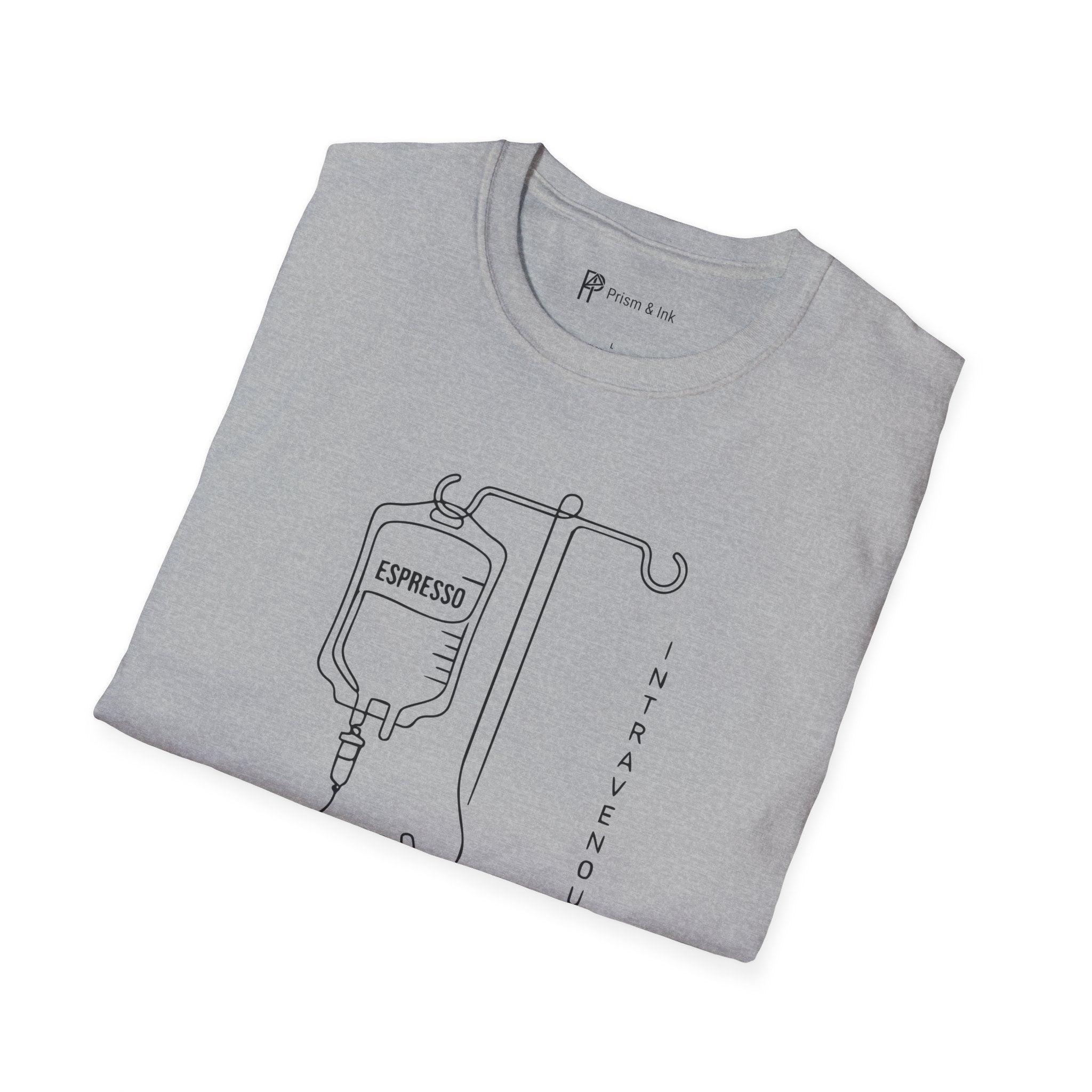 Intravenous Intake T-Shirt — Espresso IV and Heart Line Art