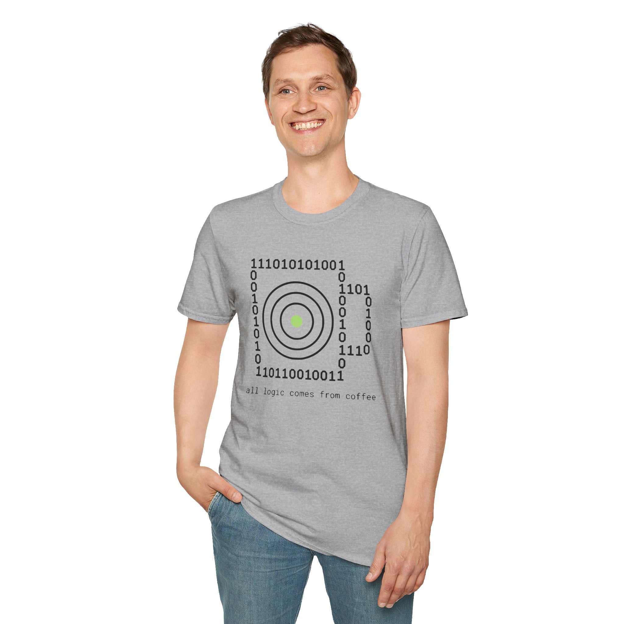 Binary Code Target T-Shirt — "All Logic Comes From Coffee" Geek T-Shirt