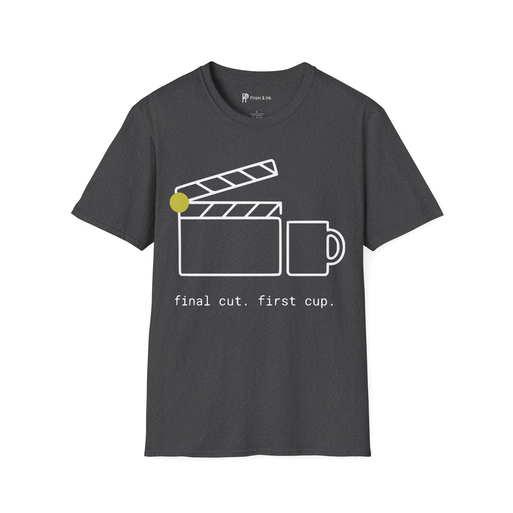 Final Cut First Cup T-Shirt — Minimalist Movie Clapper & Coffee Art