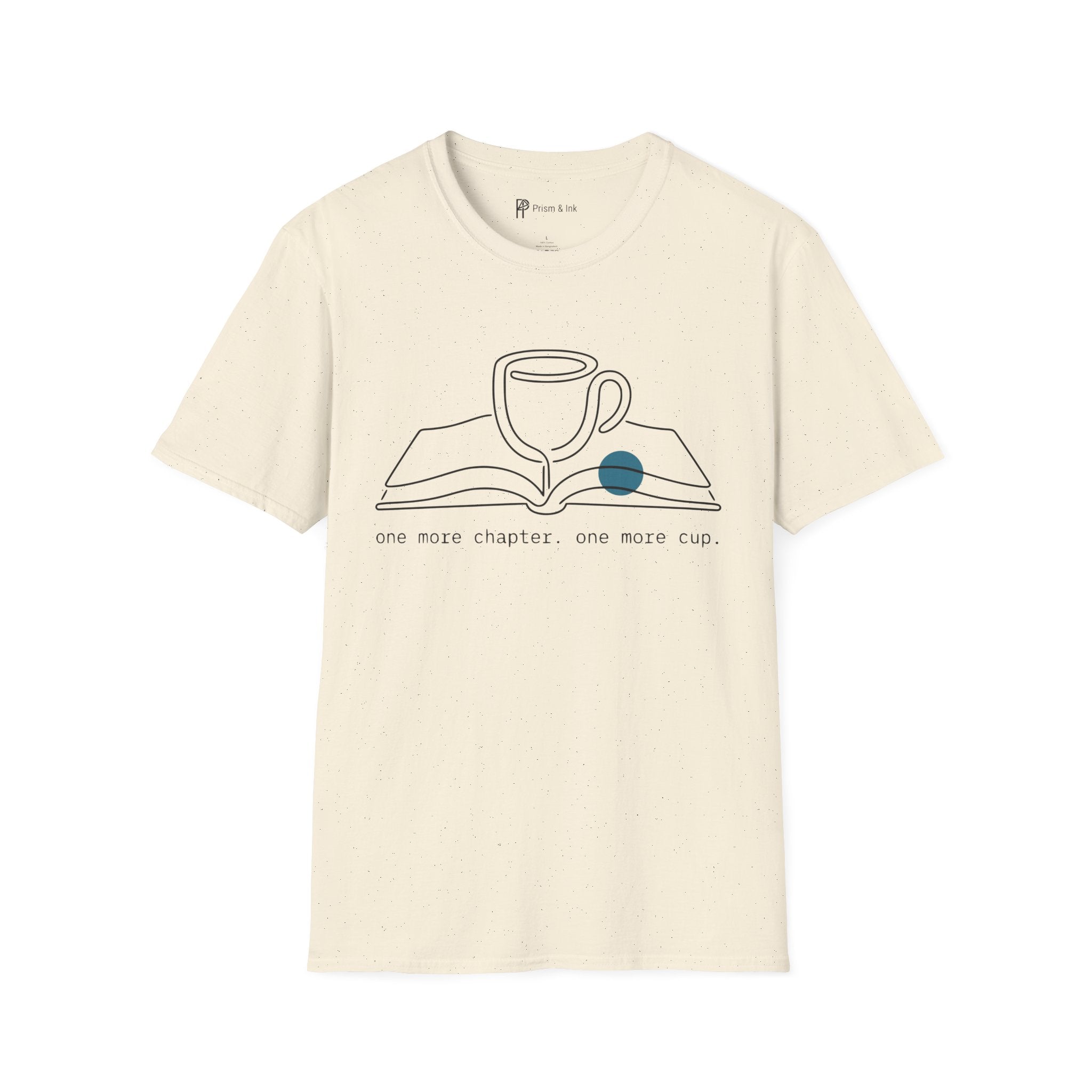 One More Chapter T-Shirt — Minimalist Book & Coffee Ritual Art