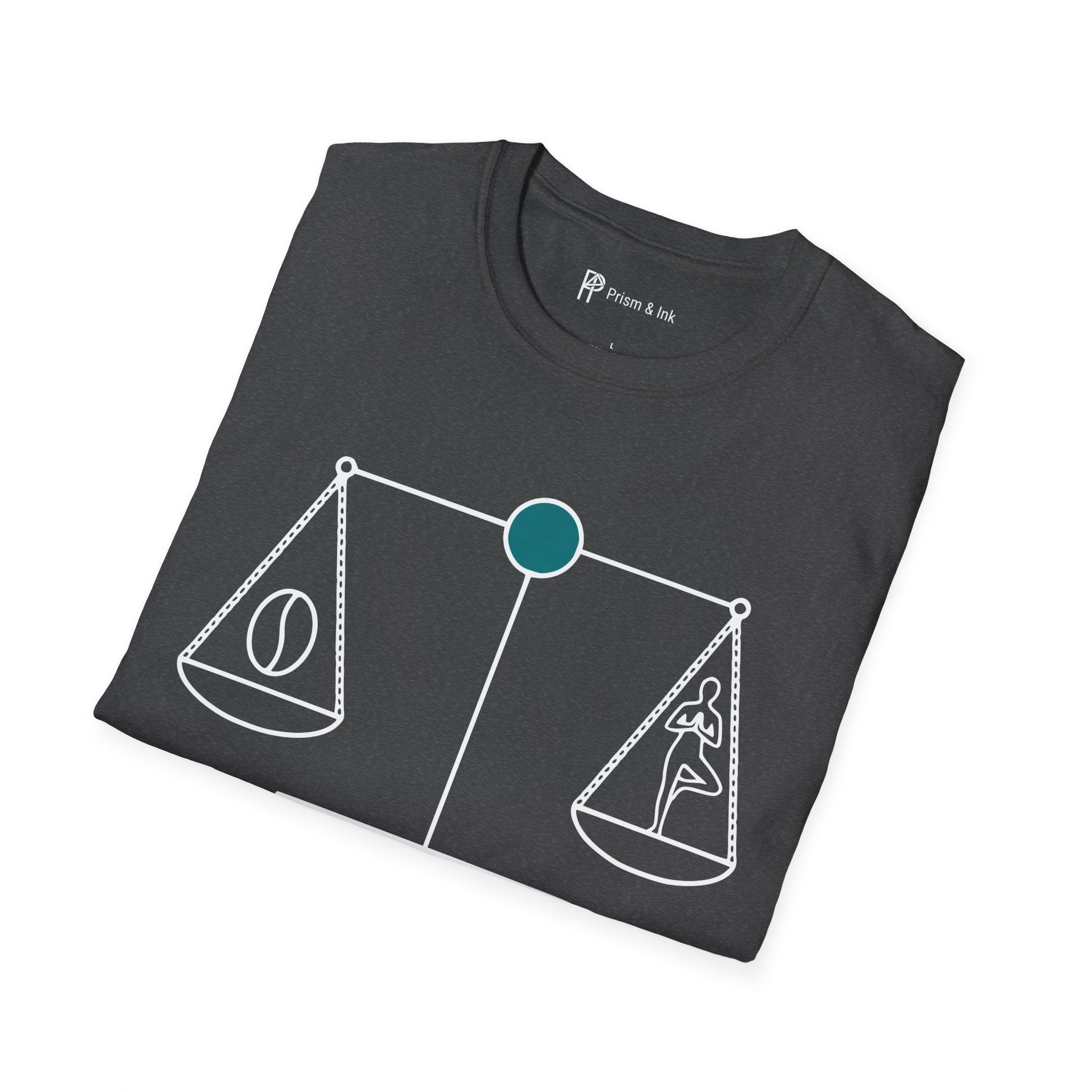 Caffeine Harmony T-Shirt — Zen Scales with Coffee Bean and Yoga Pose