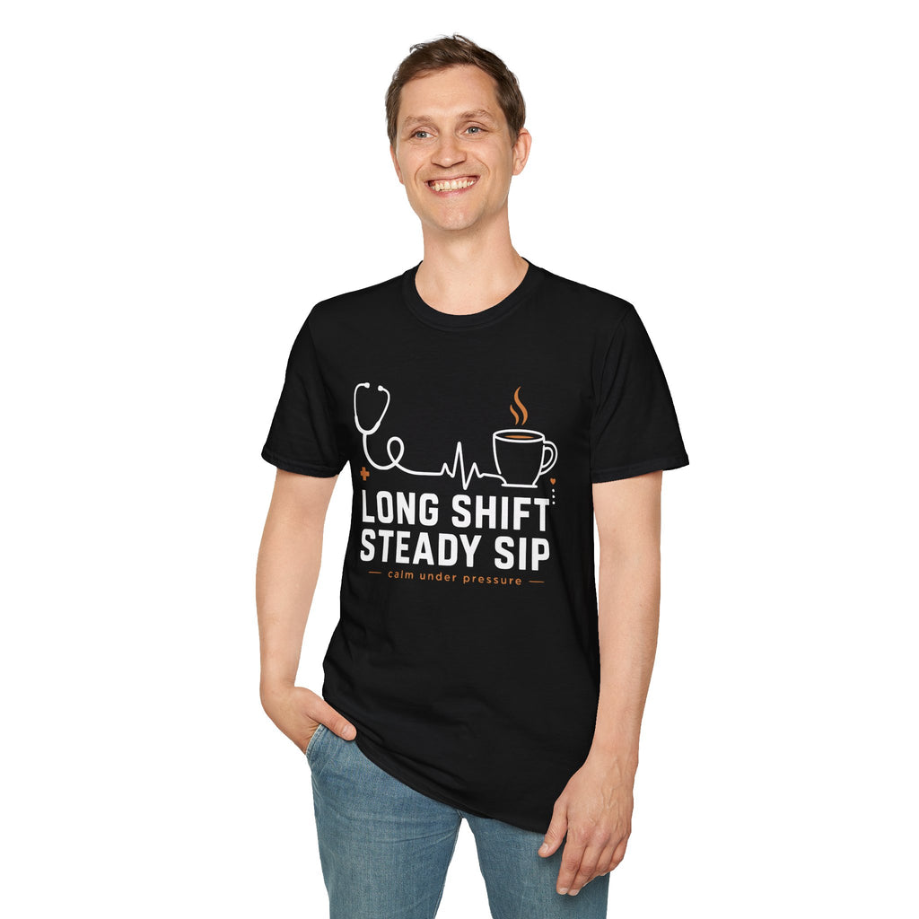 Long Shift Steady Sip Nurse Coffee T-Shirt